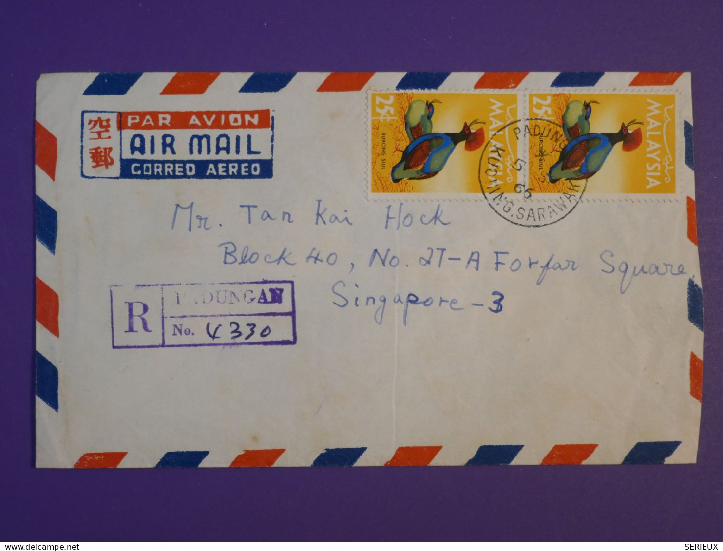 DG2 MALAYSIA BELLE LETTRE RECO 1965 PADUNGAN KUCHING  A SIGAPORE  +AFF. INTERESSANT++ +++ - Malaysia (1964-...)