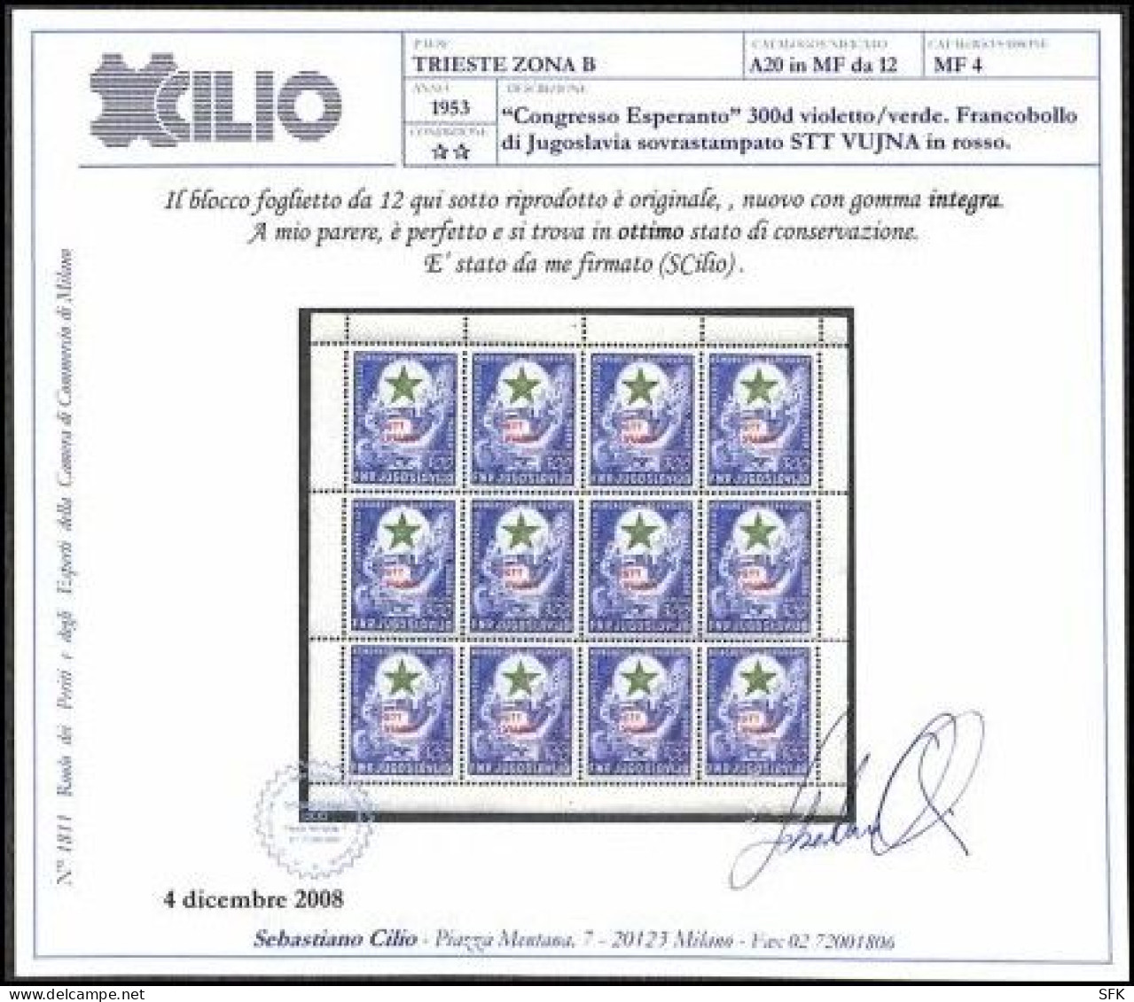 1953 ESPERANTO SHEET OF 12 PIECES. THE RAREST ITEM OF VUJA - STT. MNH, Certified - Luchtpost