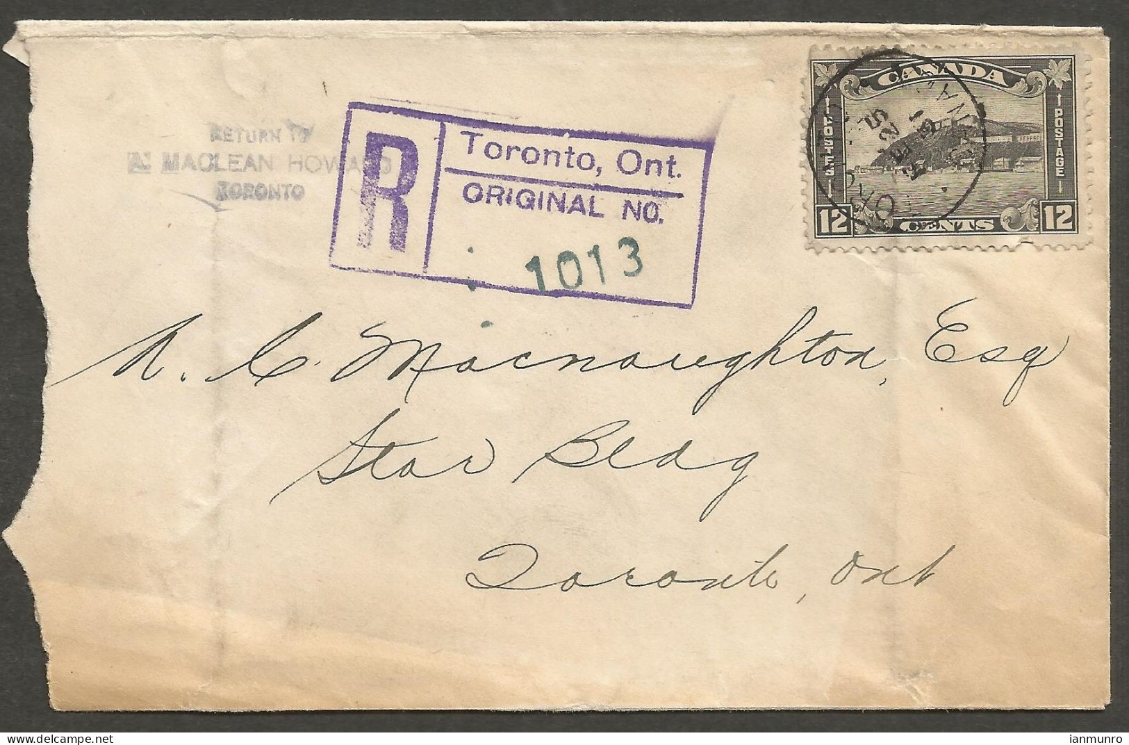 1931 Registered Cover 12c Quebec #174 CDS Toronto Ontario Local (faulty) - Histoire Postale