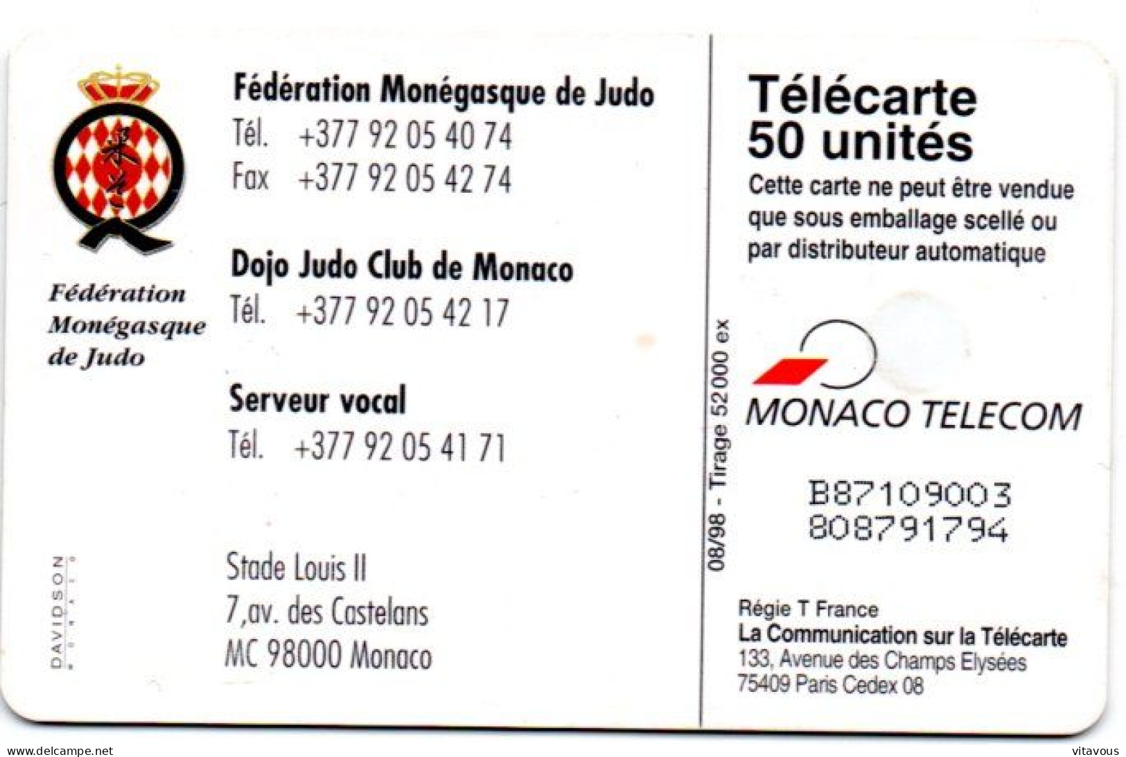 MF 49 - JUDO CLUB MONACO  Télécarte Puce MONACO Phonecard ( R 870) - Monace