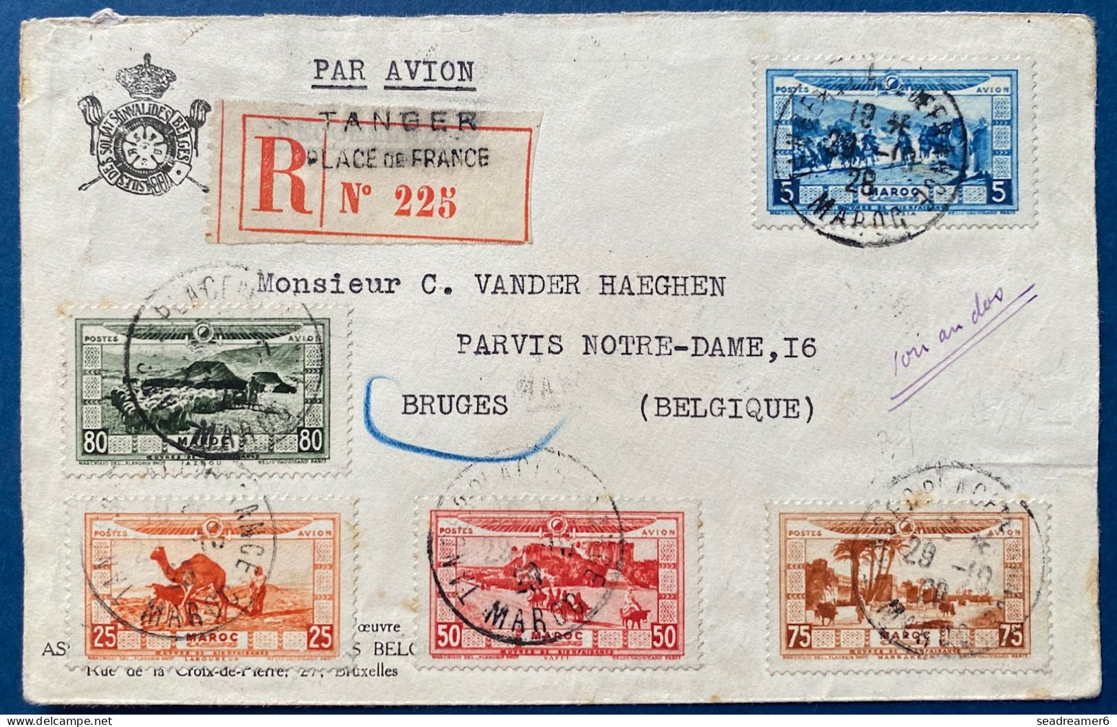 Maroc Lettre Recommandée Poste Aerienne Serie Complete N°12 à 21 Oblitérés 29/10/1928 De TANGER Pour BRUGES TTB - Airmail