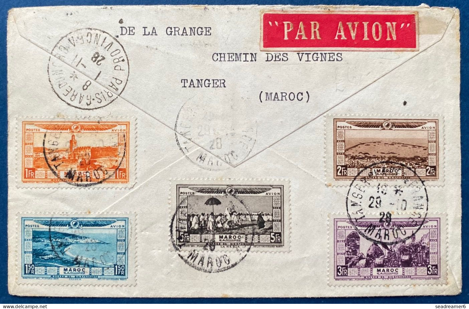 Maroc Lettre Recommandée Poste Aerienne Serie Complete N°12 à 21 Oblitérés 29/10/1928 De TANGER Pour BRUGES TTB - Aéreo