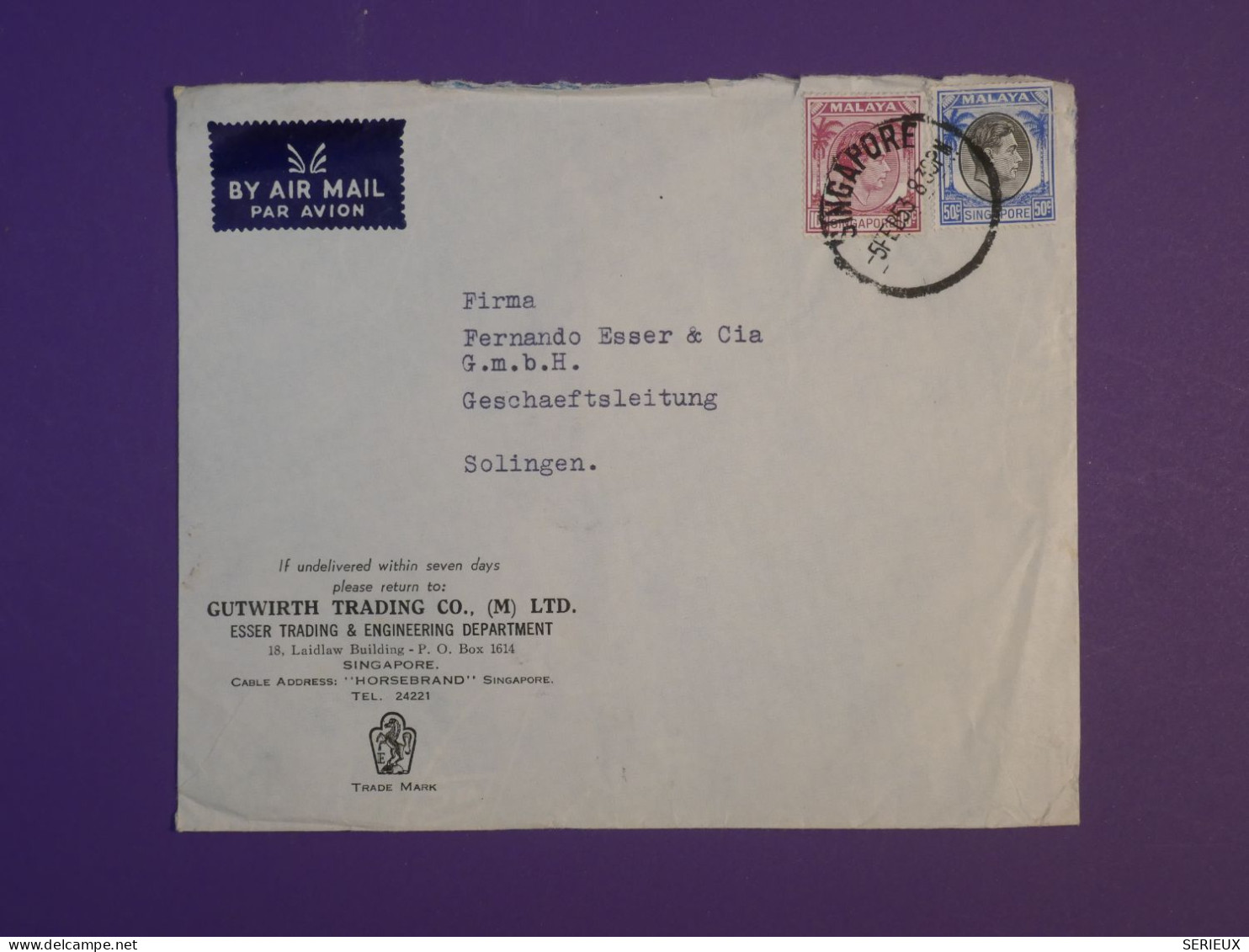 DG2 MALAYA BELLE LETTRE  1953  SINGAPORE A  SOLINGEN GERMANY  +AFF. INTERESSANT++ +++ - Malaya (British Military Administration)