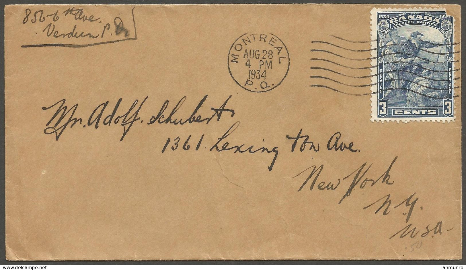 1934 Cover 3c Jacques Cartier #208 Machine Cancel Montreal PQ Quebec To USA - Histoire Postale