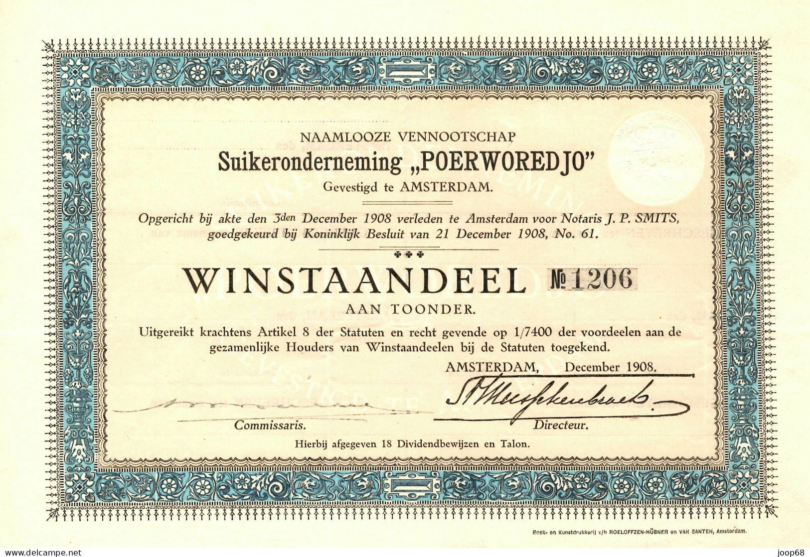 Suikeronderneming "Poerworedjo" N.V. - WinstAandeel - Amsterdam, December 1908 Indonesia - Landbouw