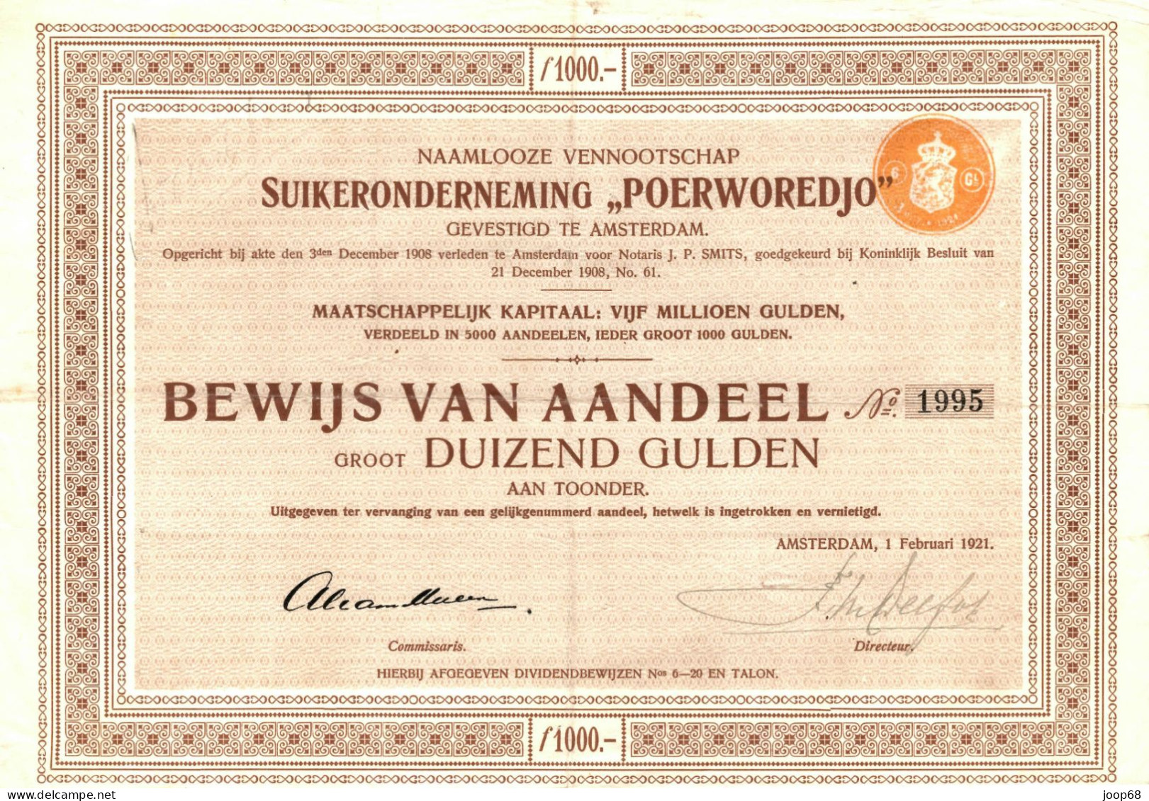 Suikeronderneming "Poerworedjo" N.V. - Aandeel F 1.000 - Amsterdam, 1 Februari 1921 Indonesia - Agriculture