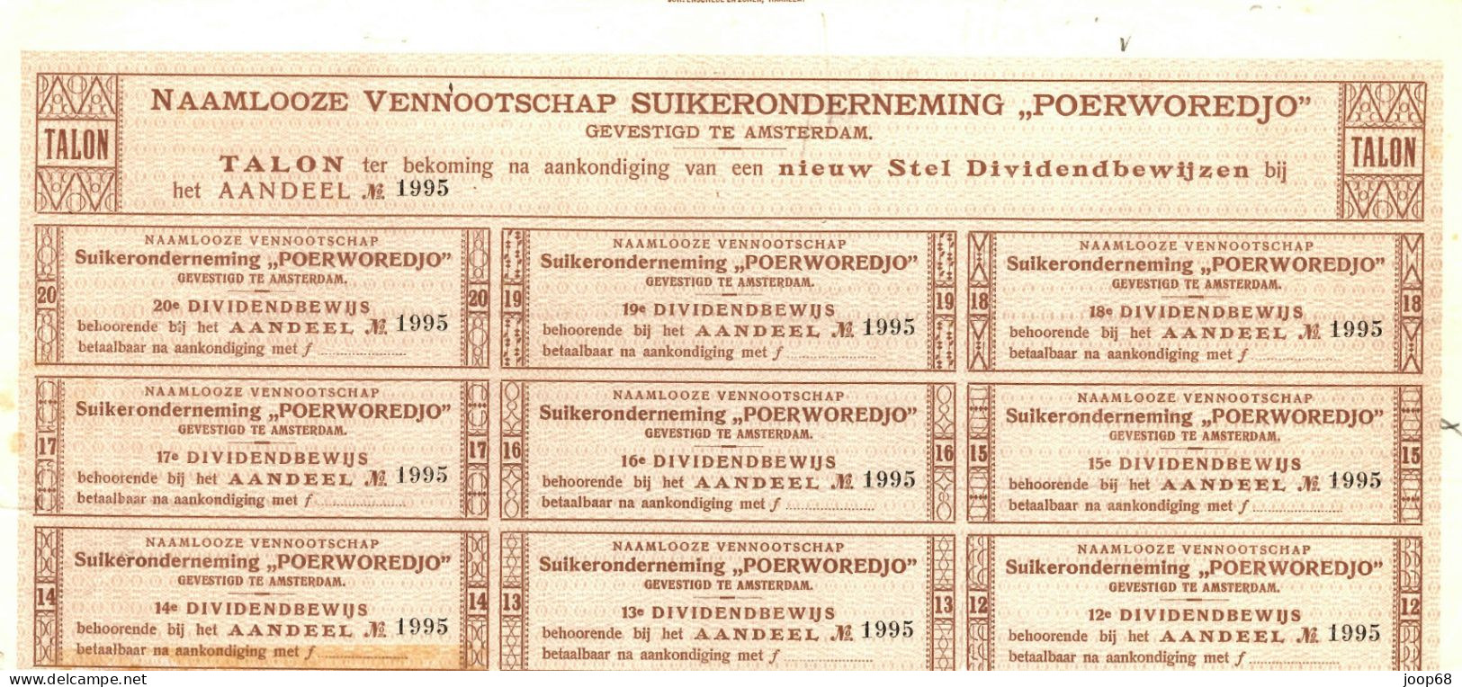 Suikeronderneming "Poerworedjo" N.V. - Aandeel F 1.000 - Amsterdam, 1 Februari 1921 Indonesia - Agricultura