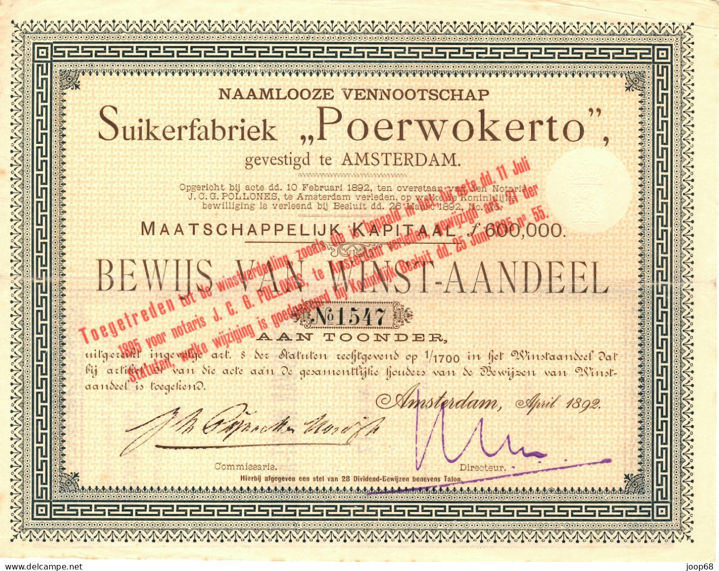 Suikerfabriek "Poerwokerto" N.V. - Winst-Aandeel - Amsterdam, April 1892 Indonesia - Agricultura