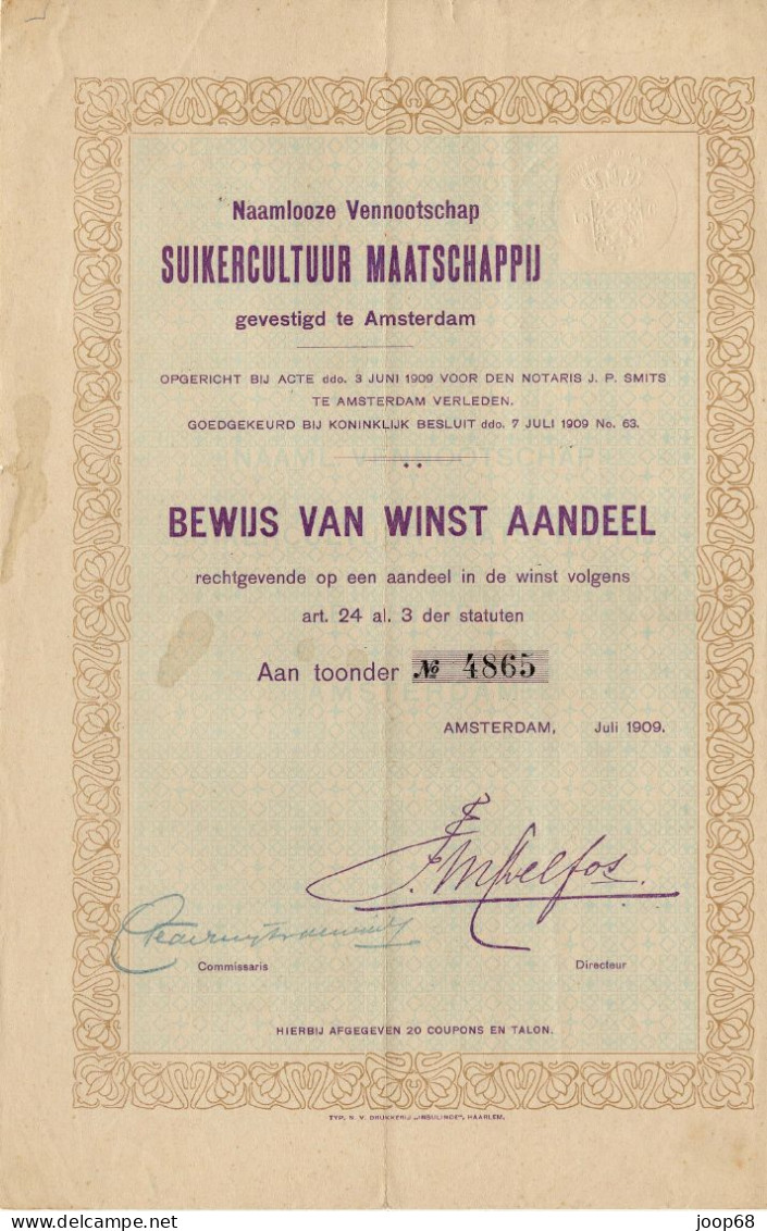 Suikercultuur Maatschappij N.V. - Winst Aandeel - Amsterdam, Juli 1909 Indonesia - Agricultura