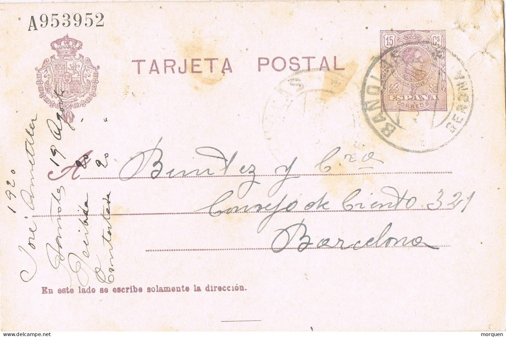 53428. Entero Postal BAÑOLAS (Gerona) 1920. Alfonso XIII Medallon - 1850-1931