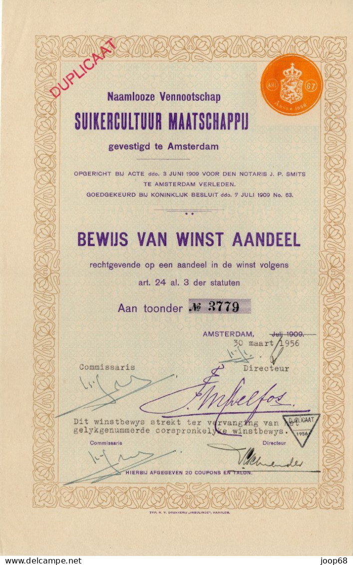 Suikercultuur Maatschappij N.V. - Winst Aandeel - Amsterdam, 30 Maart 1956 Duplicaat Indonesia - Agriculture