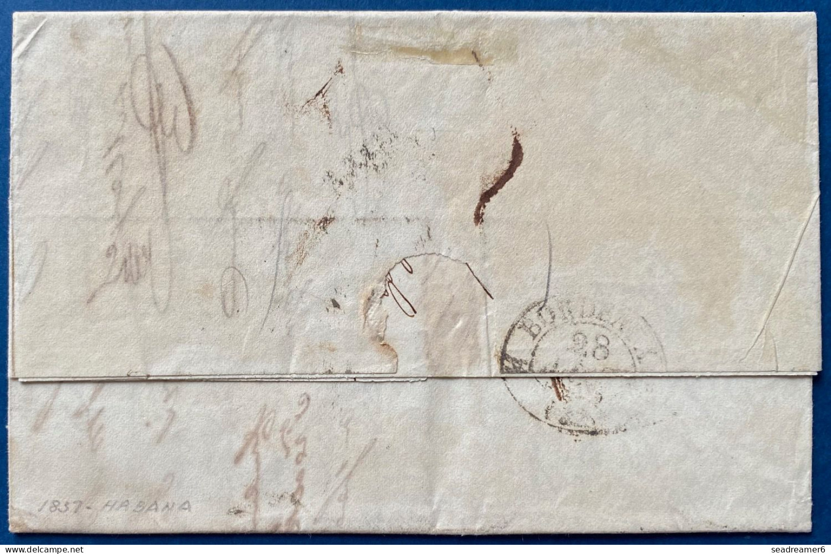 Lettre 1837 De La HAVANE Pour BORDEAUX Griffe Encadrée " PAYS D'OUTREMER " + Taxe 5 + Manuscrit Paquebot Bordelais N°3 - Entry Postmarks