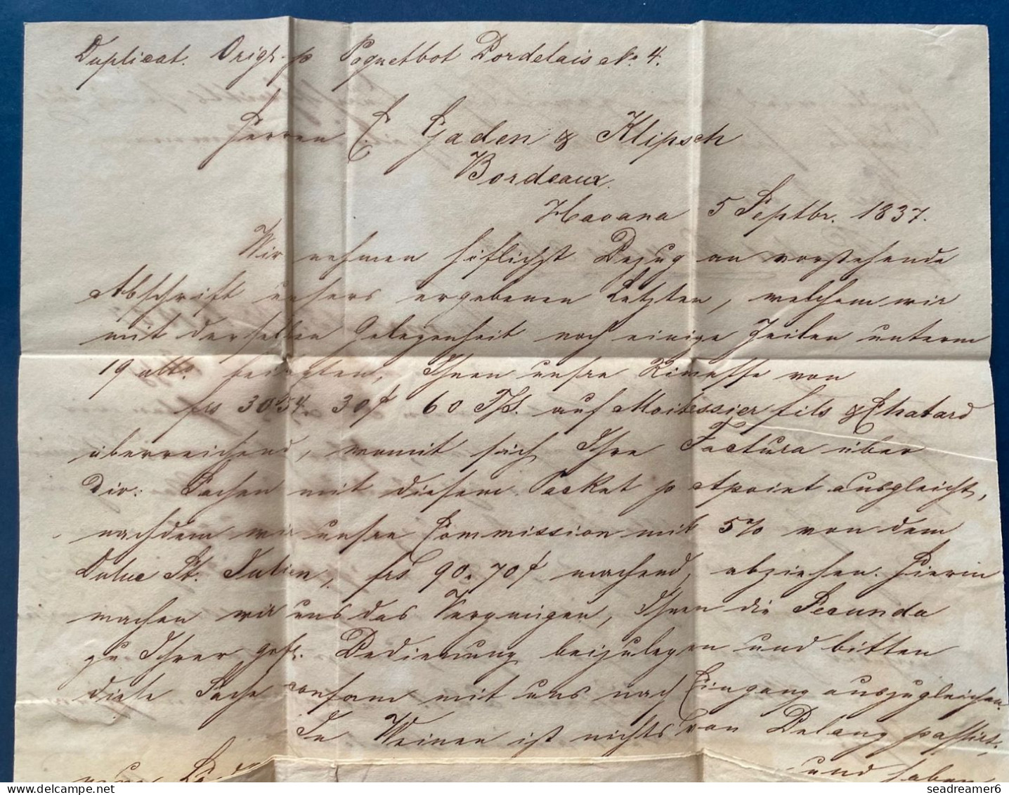 Lettre 1837 De La HAVANE Pour BORDEAUX Griffe Encadrée " PAYS D'OUTREMER " + Taxe 5 + Manuscrit Paquebot Bordelais N°3 - Marques D'entrées