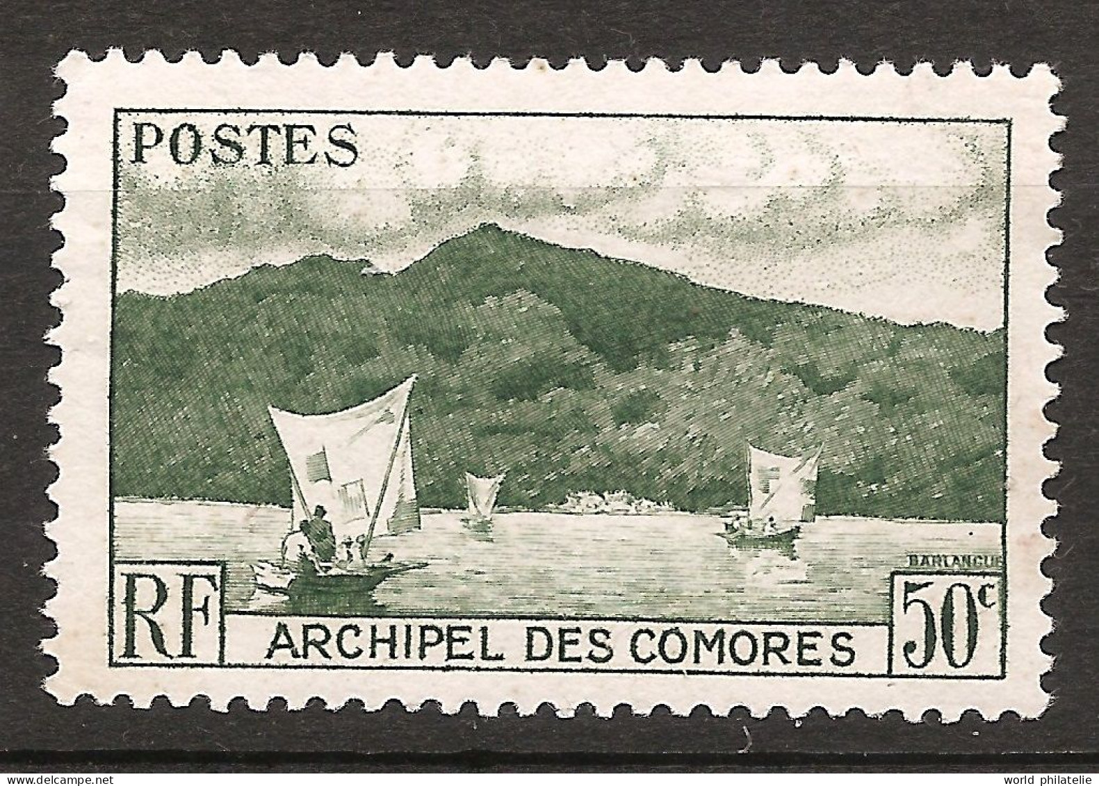 Comores 1950 N° 2 Iso O Pirogue, Ile, Site, Baie D'Anjouan, Voilier, Voile, Pêche, Volcan, Mont Karthala, Forêt Pluviale - Gebruikt
