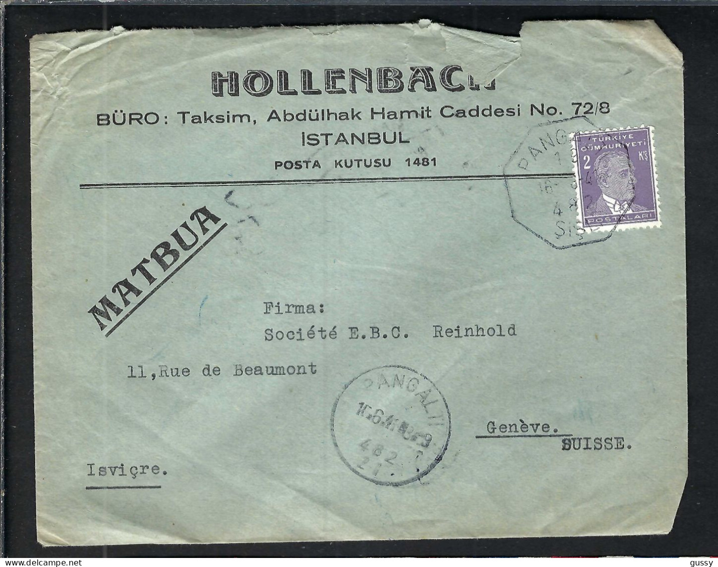 TURQUIE Ca.1941:  LSC De PANGALTI Pour Genève (Suisse) - Cartas & Documentos