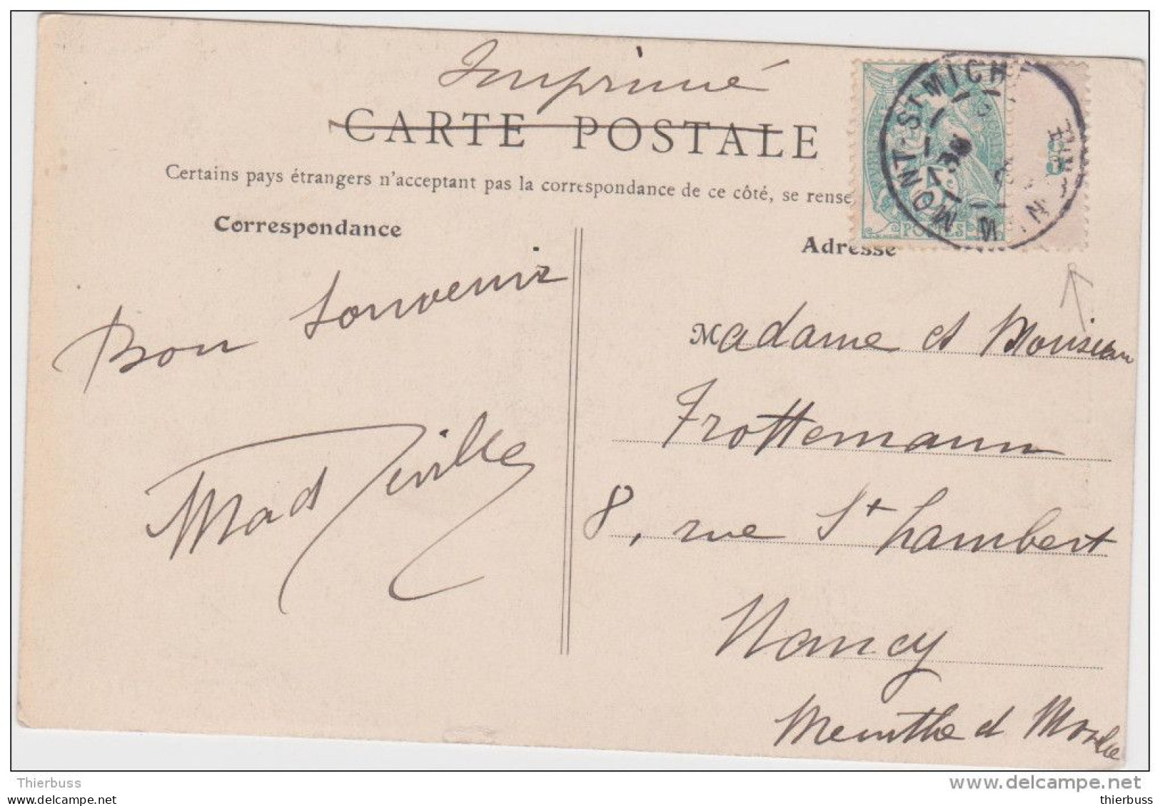 Carte Du Mont Saint Michel Hotel Poulard Affranchie Imprimé Blanc 5ct Vert Avec Bord Millésime 5 - 1900-29 Blanc