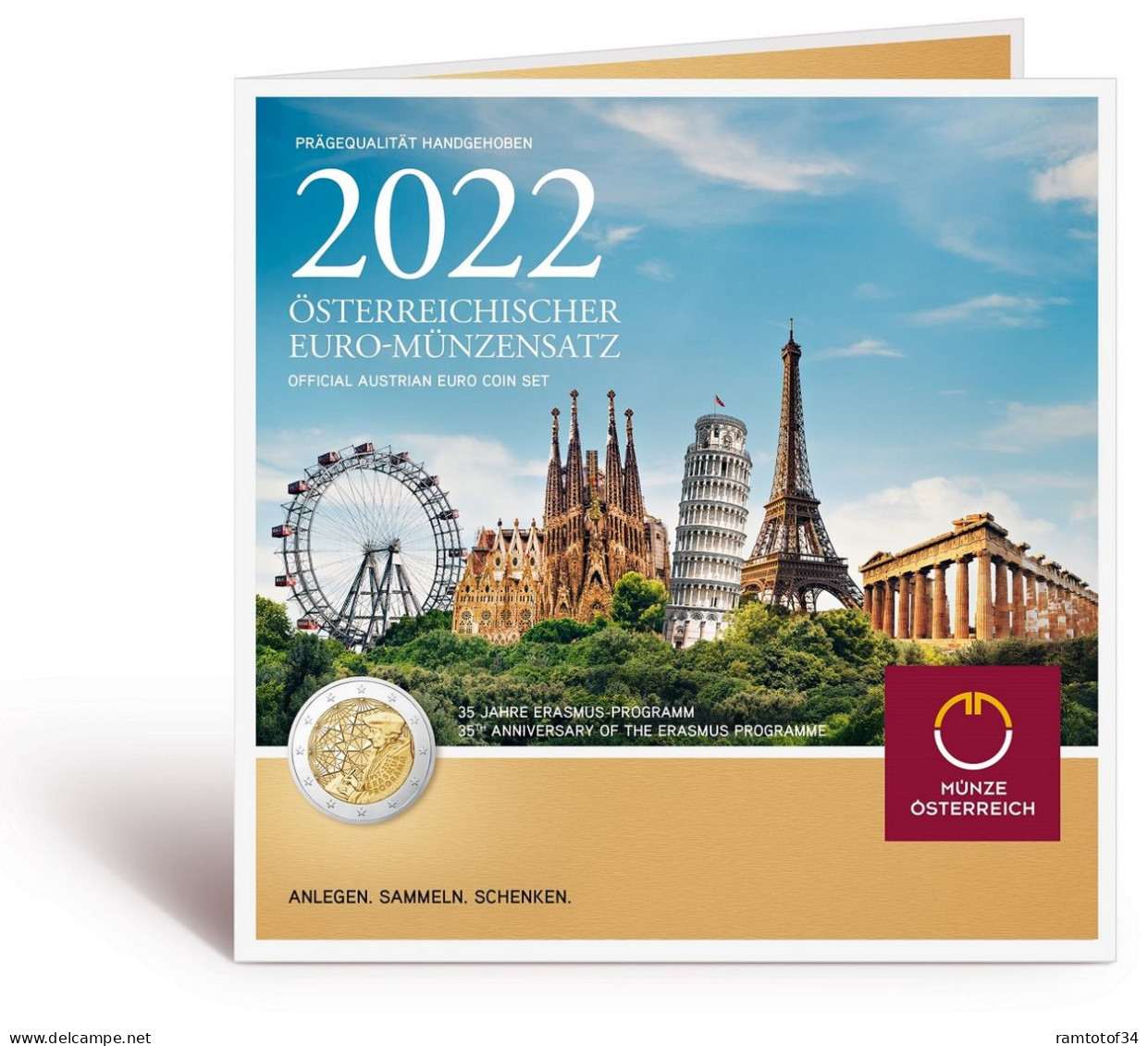 2022 AUTRICHE - Coffret BU - Série Monnaies Euro 8 Pièces Dont 2 Euros Erasmus - Oesterreich