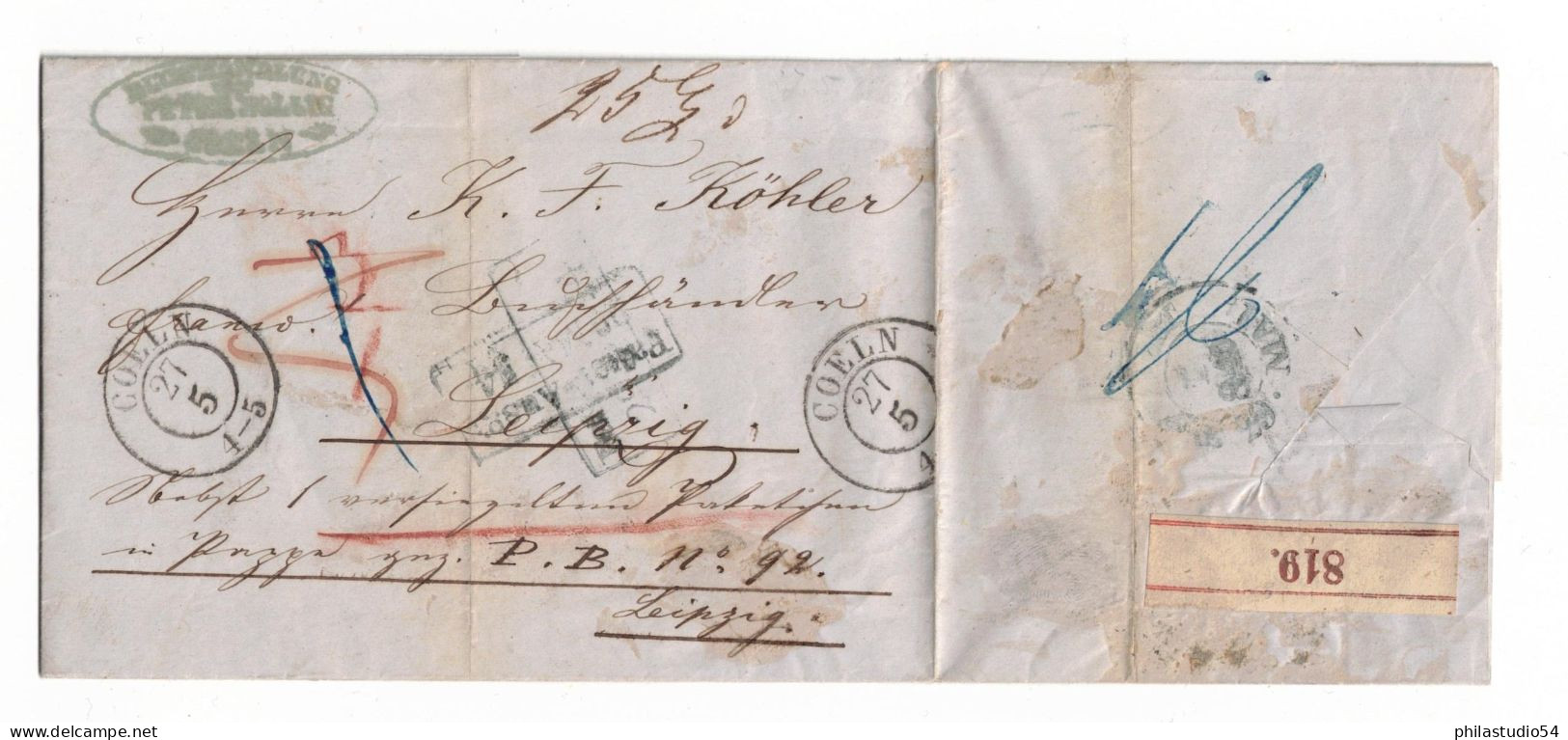 1854, Paketbegleitung Aus CÖLN Nach Leipzig - Briefe U. Dokumente