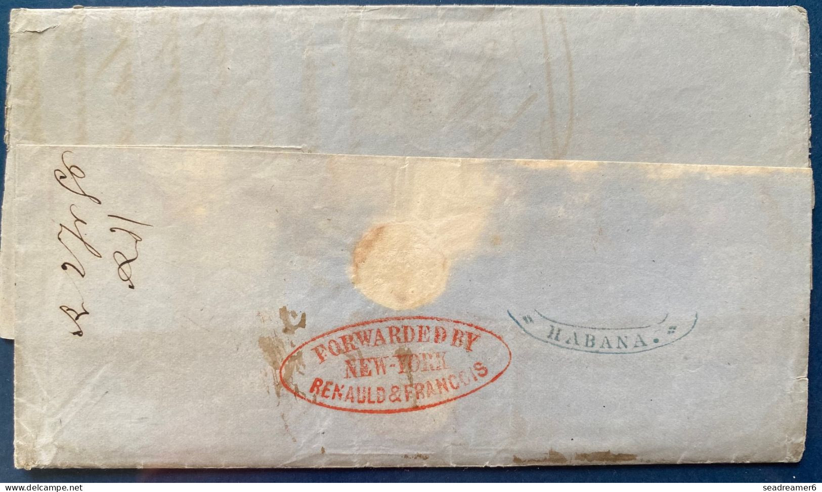 Lettre 1855 De La HAVANE Pour PARIS Par New York Et Steamer Cunard "AMERICA " + Forwarded  " RENAUD & FRANCOIS " TTB - Entry Postmarks