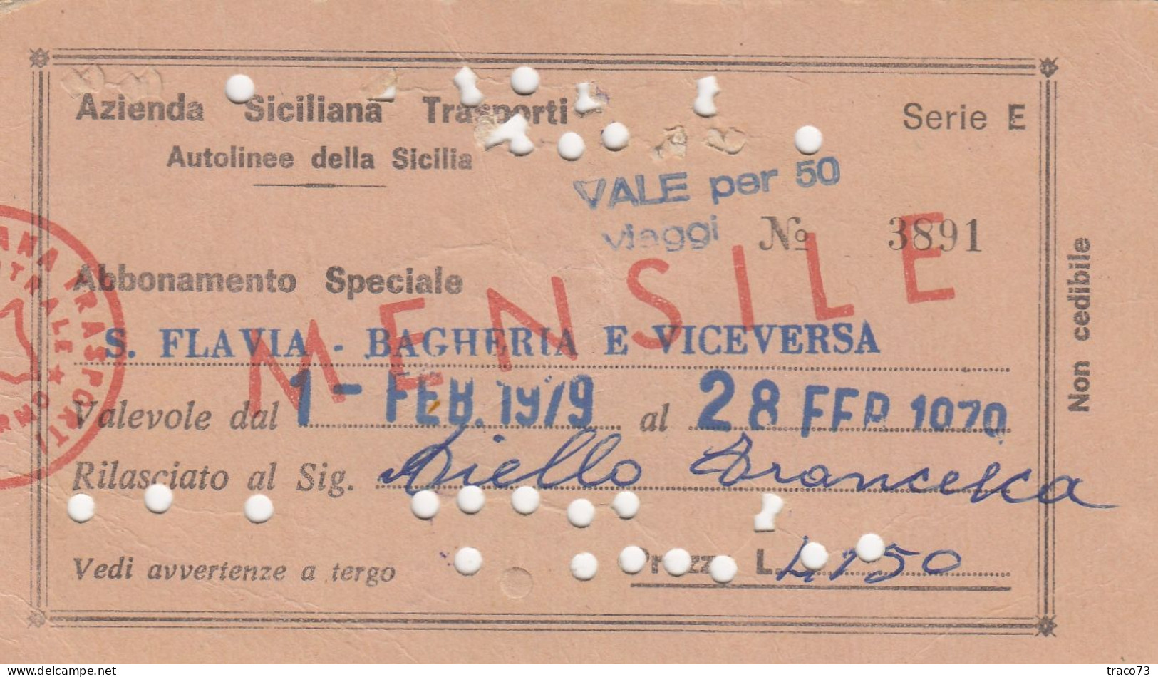 AZIENDA SICILIANA TRASPORTI / Autolinee Della Sicilia - Abbonamento Speciale _S. Flavia-Bagheria E Viceversa_ Febb. 1979 - Europe