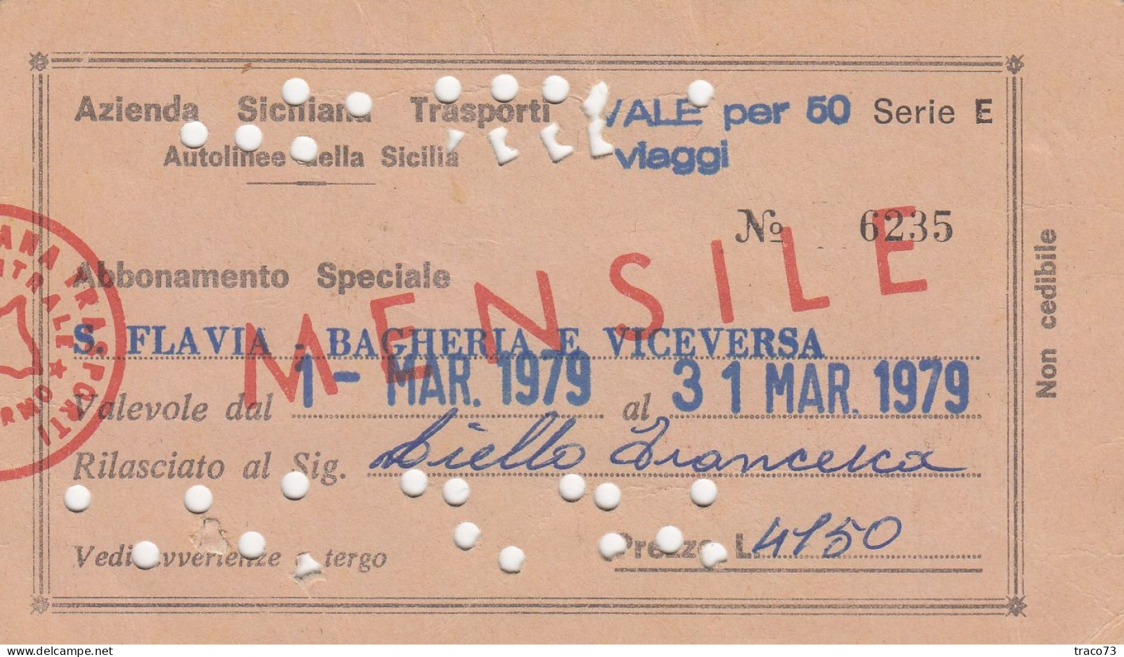 AZIENDA SICILIANA TRASPORTI / Autolinee Della Sicilia - Abbonamento Speciale _S. Flavia-Bagheria E Viceversa_ Mar. 1979 - Europa