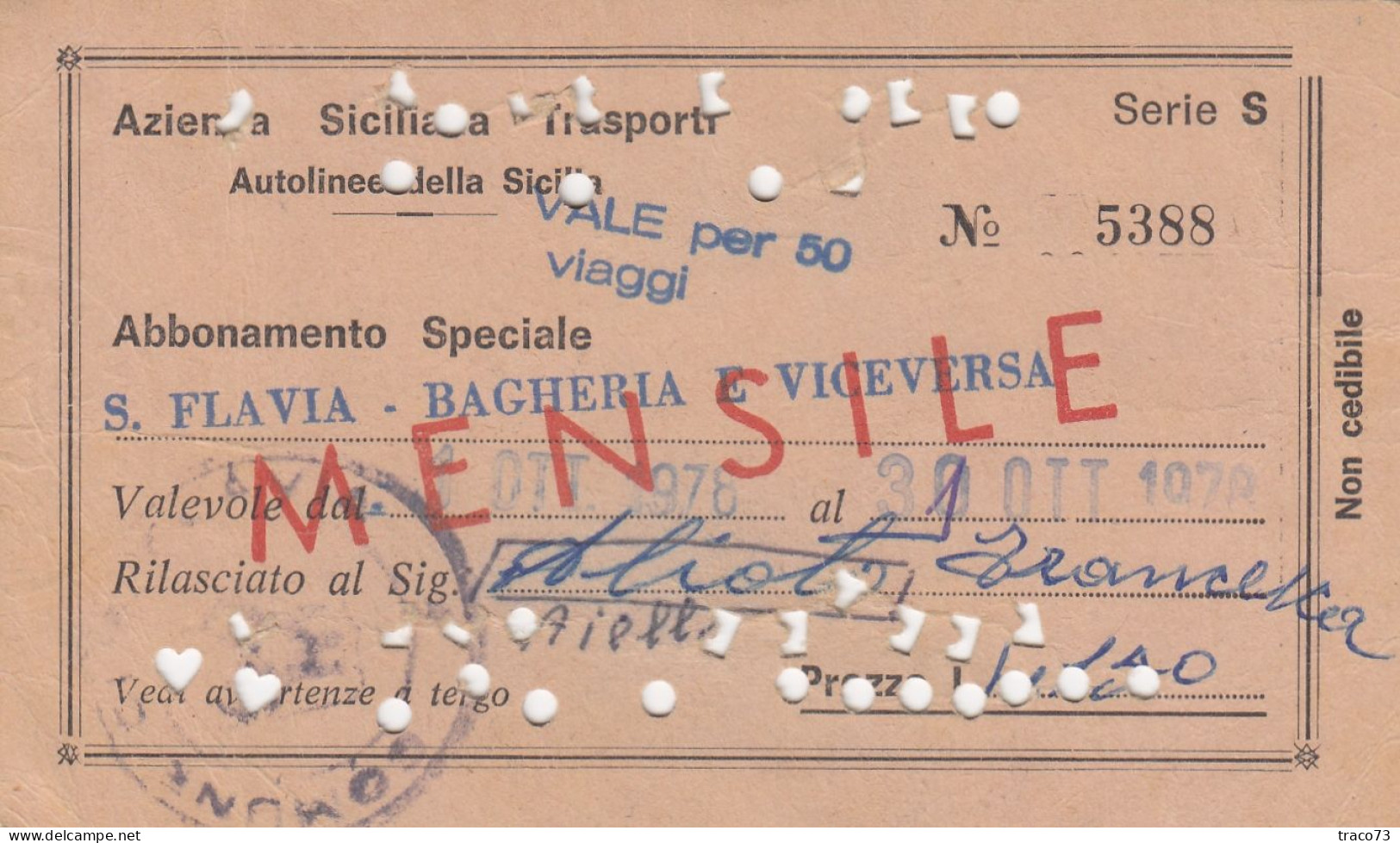 AZIENDA SICILIANA TRASPORTI / Autolinee Della Sicilia - Abbonamento Speciale _S. Flavia-Bagheria E Viceversa_ Ott. 1979 - Europa
