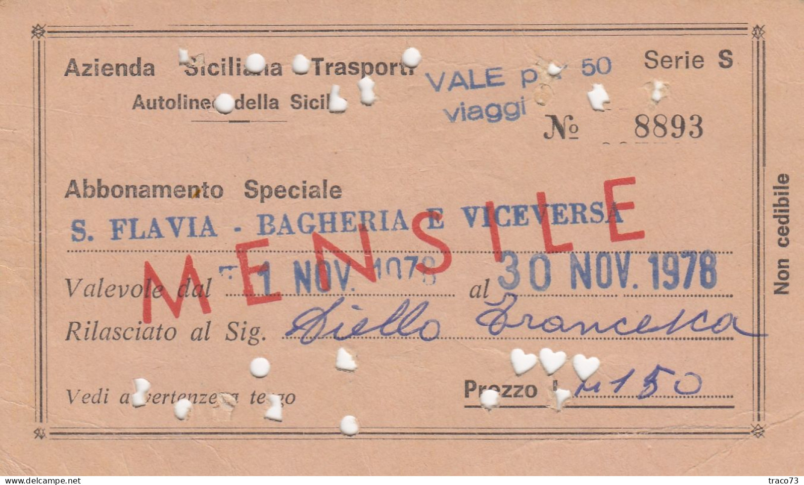 AZIENDA SICILIANA TRASPORTI / Autolinee Della Sicilia - Abbonamento Speciale _S. Flavia-Bagheria E Viceversa_ Nov. 1979 - Europa