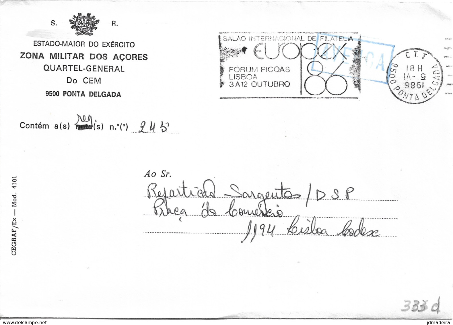 Portugal Military Cover EUROPEX'86 Slogan Cancel - Covers & Documents