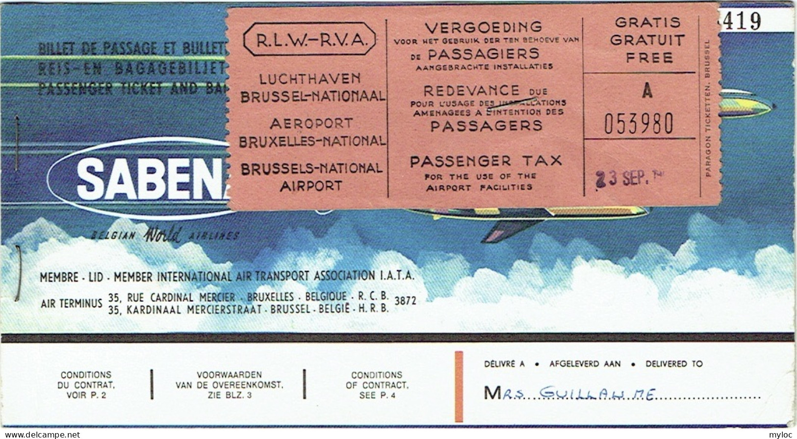 Ticket/Billet Avion. SABENA.  Brussels/NiceBrussels.  23/9/19??  Taxe. - Europe