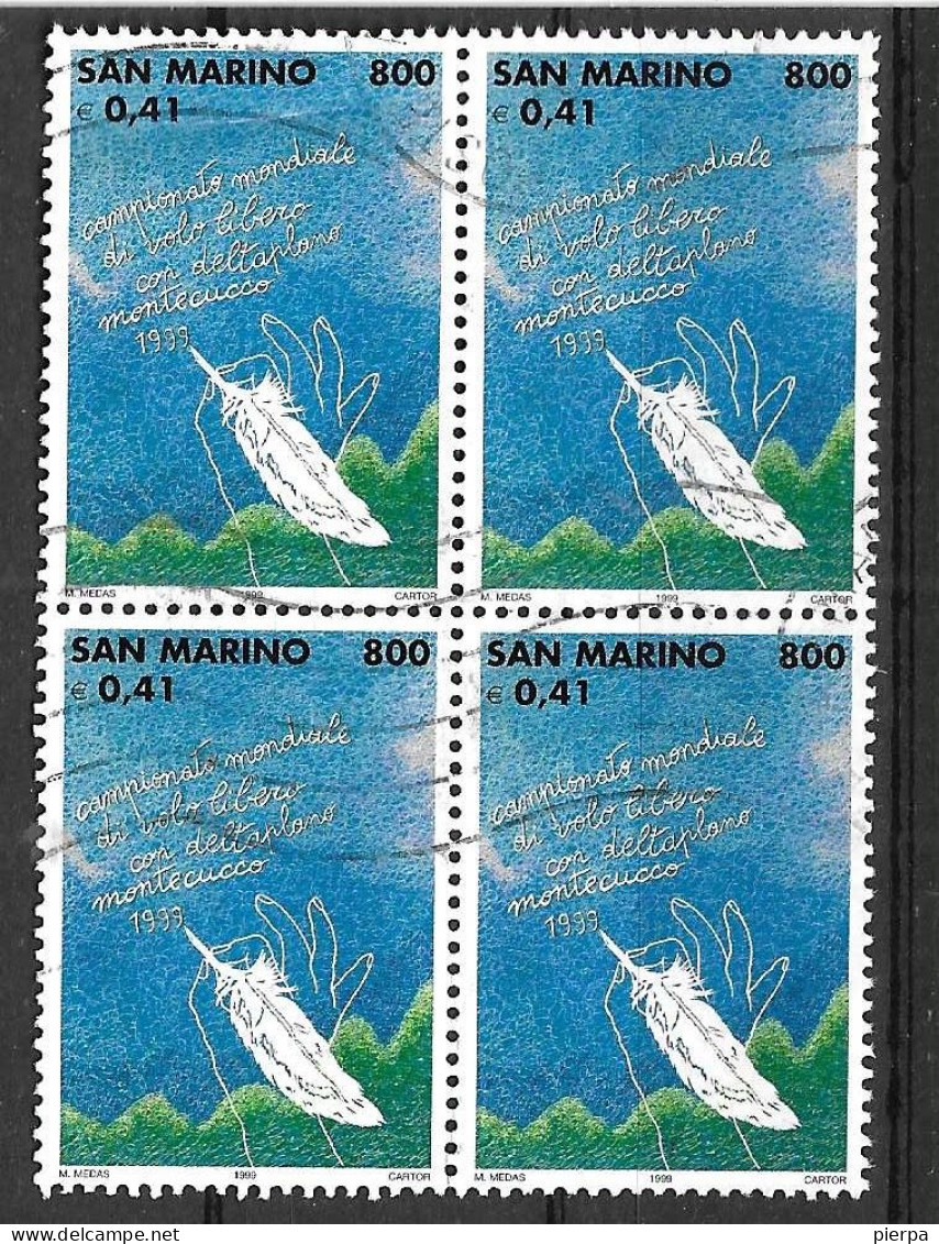SAN MARINO - 1999 - DELTAPLANO - LIRE 800 - QUARTINA - USATA (YVERT 1603 - MICHEL 1810 - SS 1669) - Used Stamps