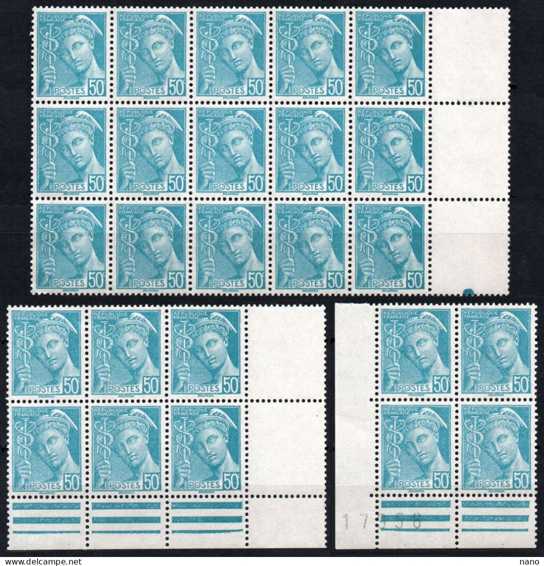 Y&T N° 538 - 50 C. Turquoise - Type Mercure - Année 1942 - 3 Blocs - Neuf ** - 1938-42 Mercurius