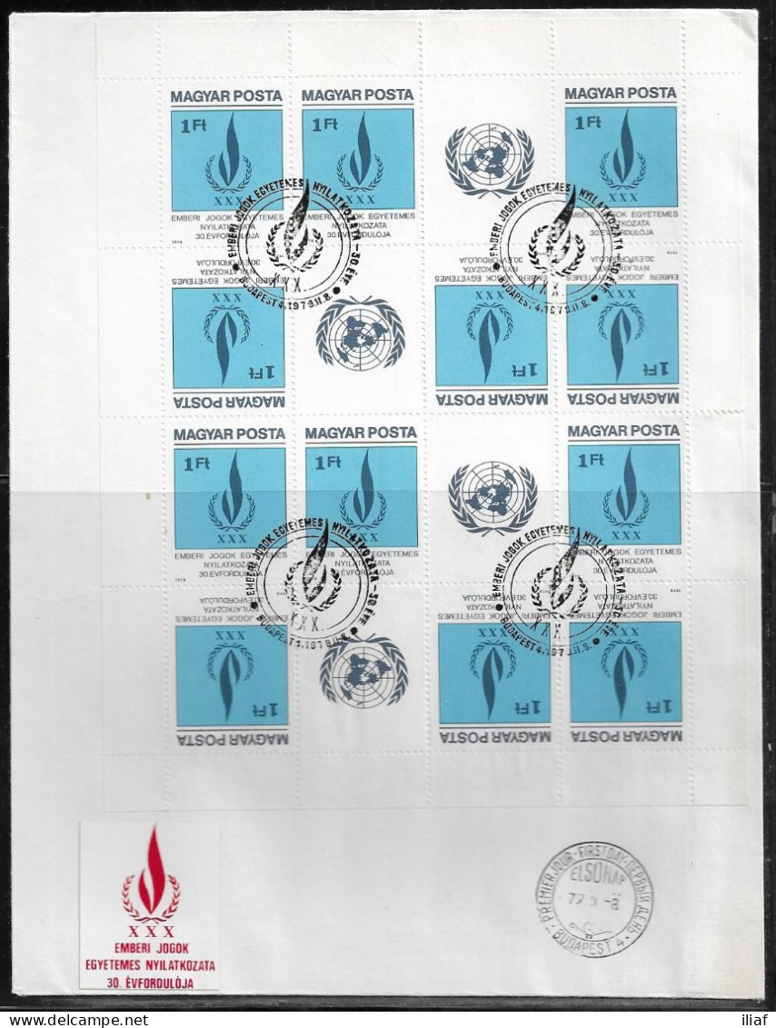 Hungary. FDC Sc. 2565. 30th Anniversary Of The Universal Declaration Of Human Rights. Sheet Of 12 Stamps And 4 Labels - FDC