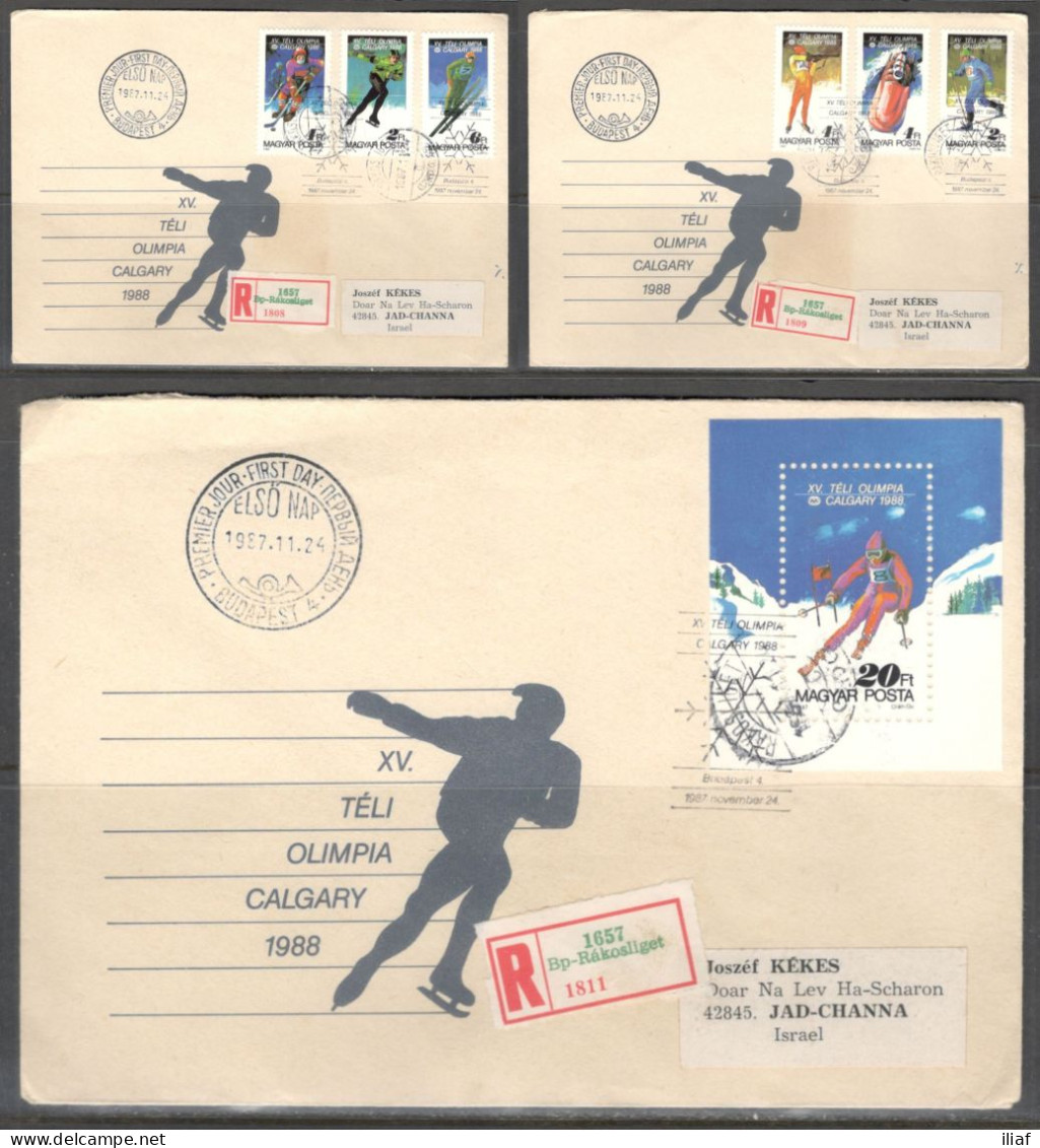 Hungary FDC Sc. 3094-3100. The 1988 Winter Olympics - The XV Olympic Winter Games. 3 FDC Covers.  FDC Cancellation On Sp - FDC