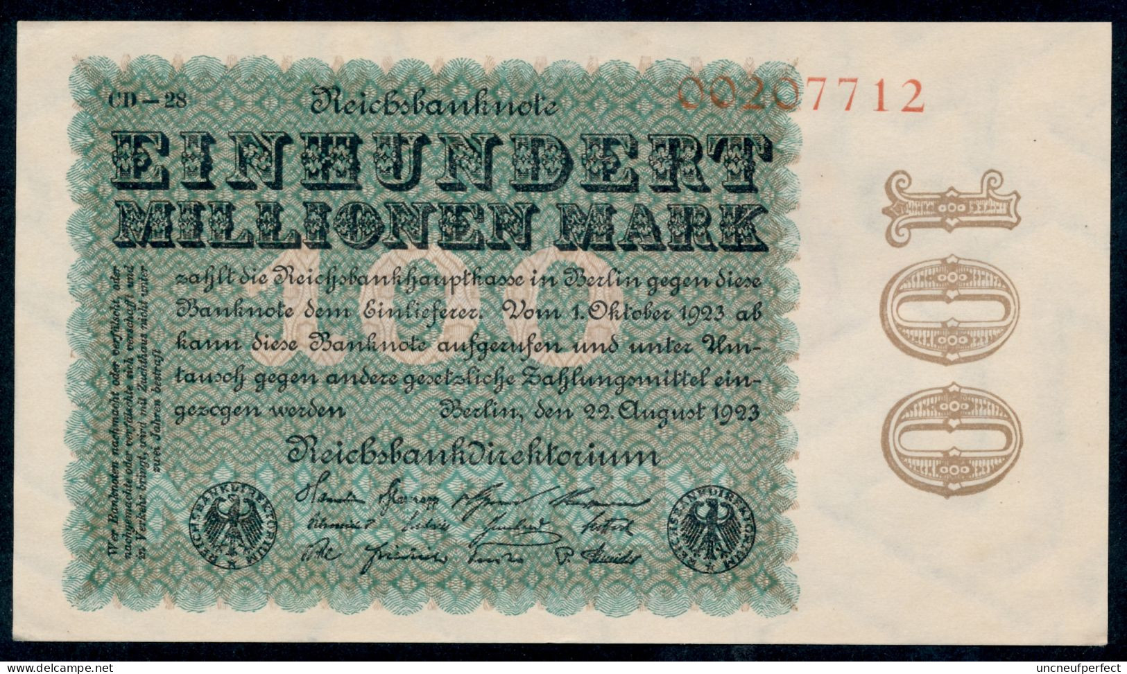 P107d Ro106m DEU-120t  100 Million Mark 1923 UNC-  NEUF- **très RARE** - 100 Mio. Mark