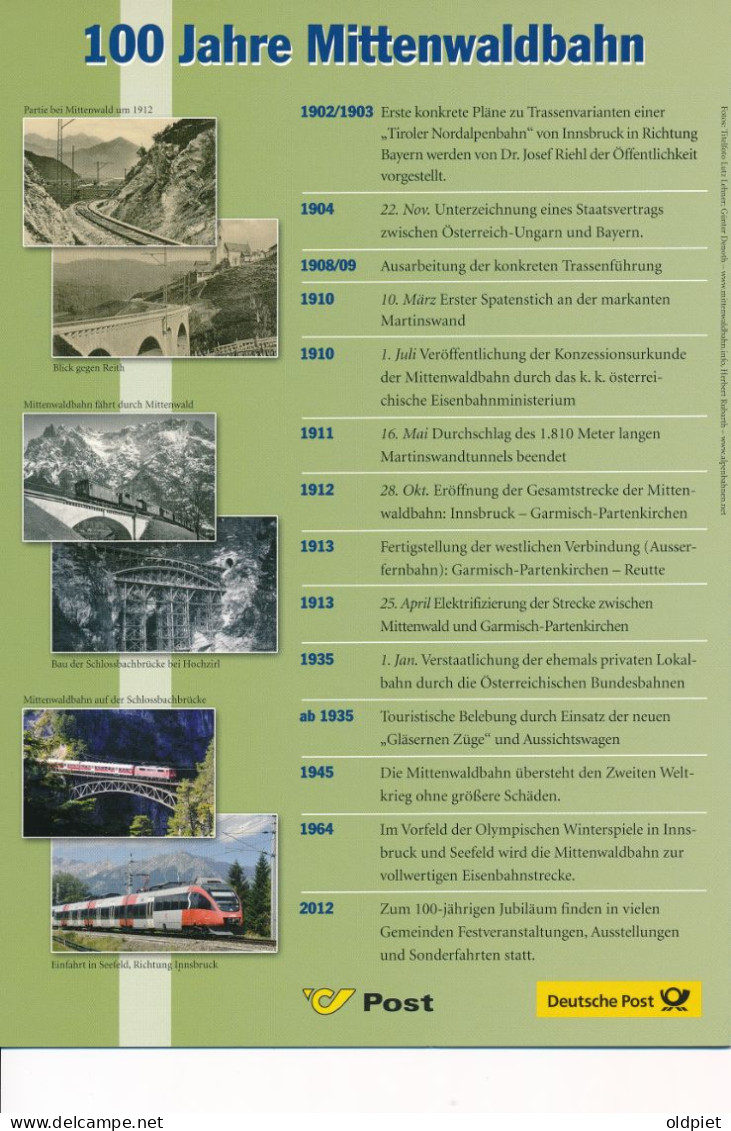 BRD Erinnerungsblatt EB 5/2012 BRD Mi 2951 (gestempelt) + Österreich Mi 3020 (gestempelt) 100 Jahre Mittenwaldbahn - 2001-…