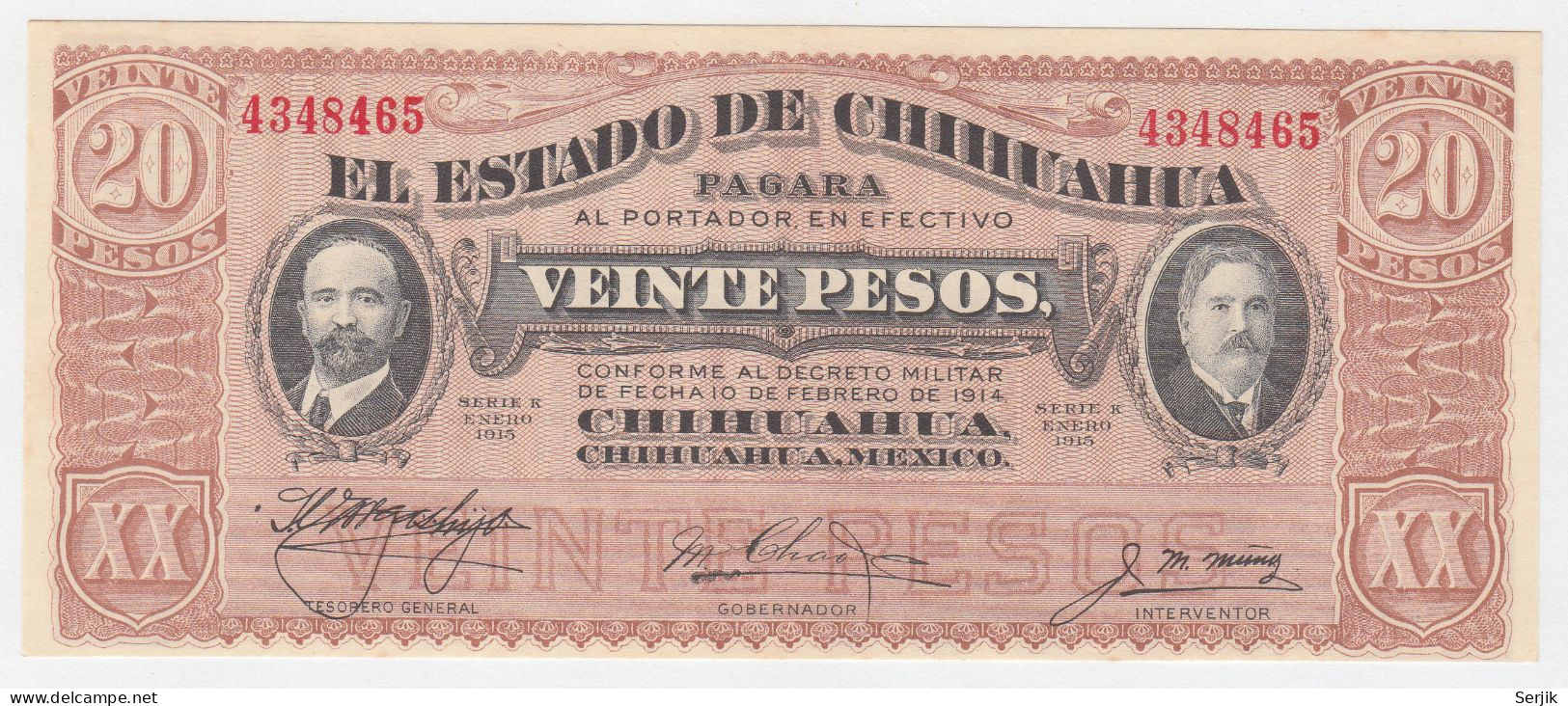 MEXICO 20 PESO 1915 (1914) UNC NEUF EL ESTADO DE CHIHUAHUA PAGARA - Mexique