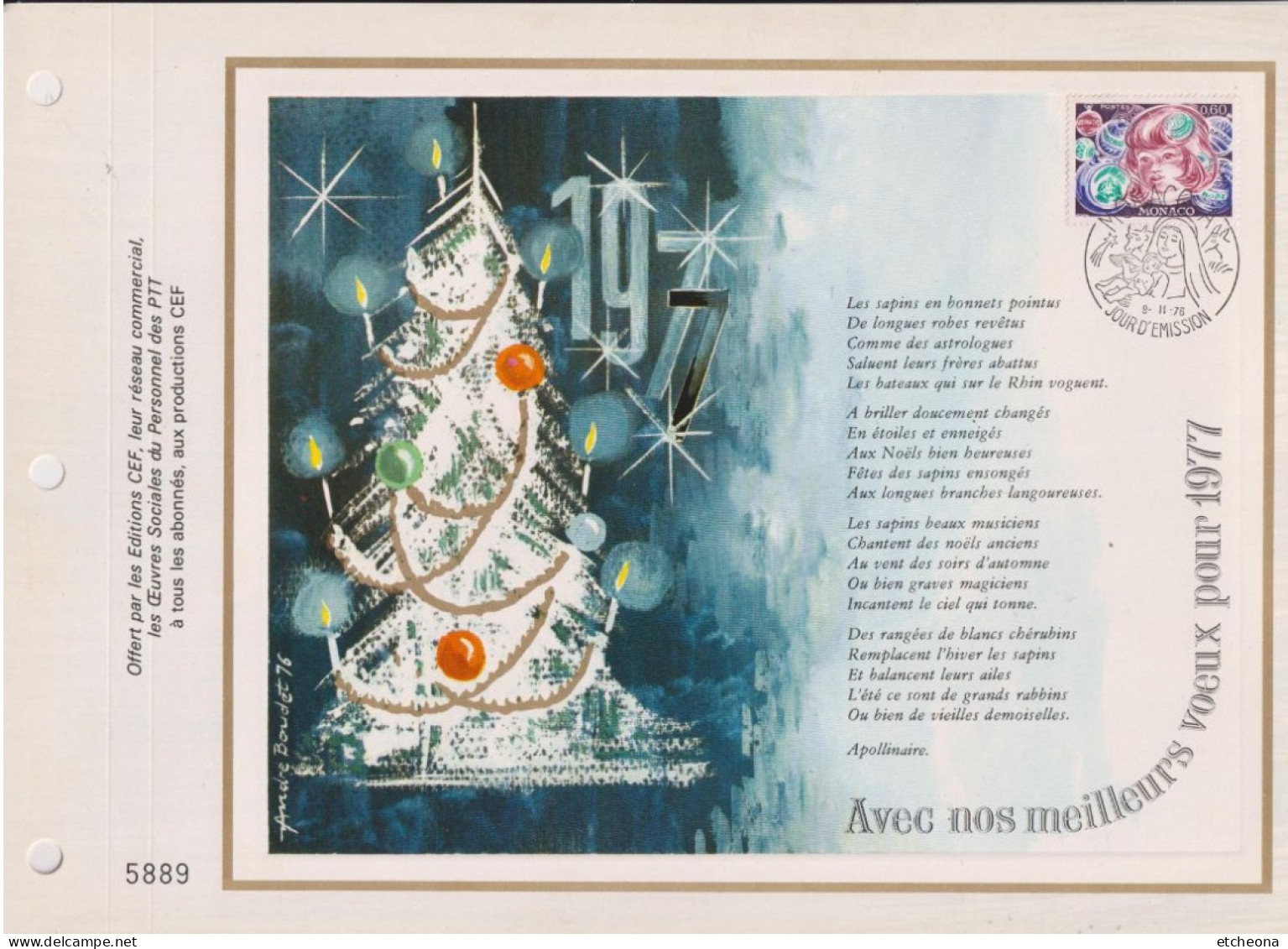 Meilleurs Voeux Pour 1977 Encart Numéroté 1er Jour Monaco 09.11.76 N°1072 Catalogue CEF N°381S - Lettres & Documents