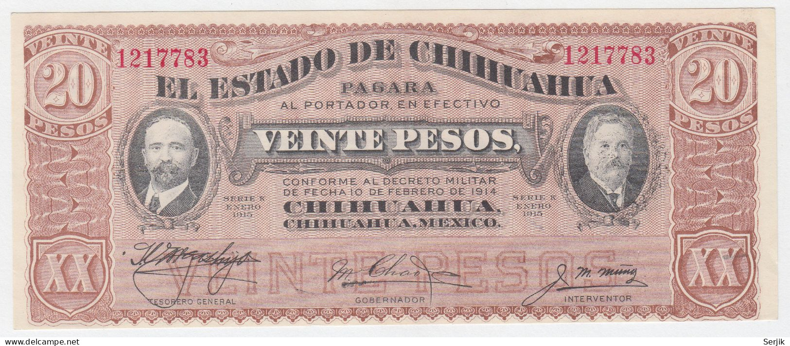 MEXICO 20 PESO 1915 (1914) UNC NEUF EL ESTADO DE CHIHUAHUA PAGARA - Mexique