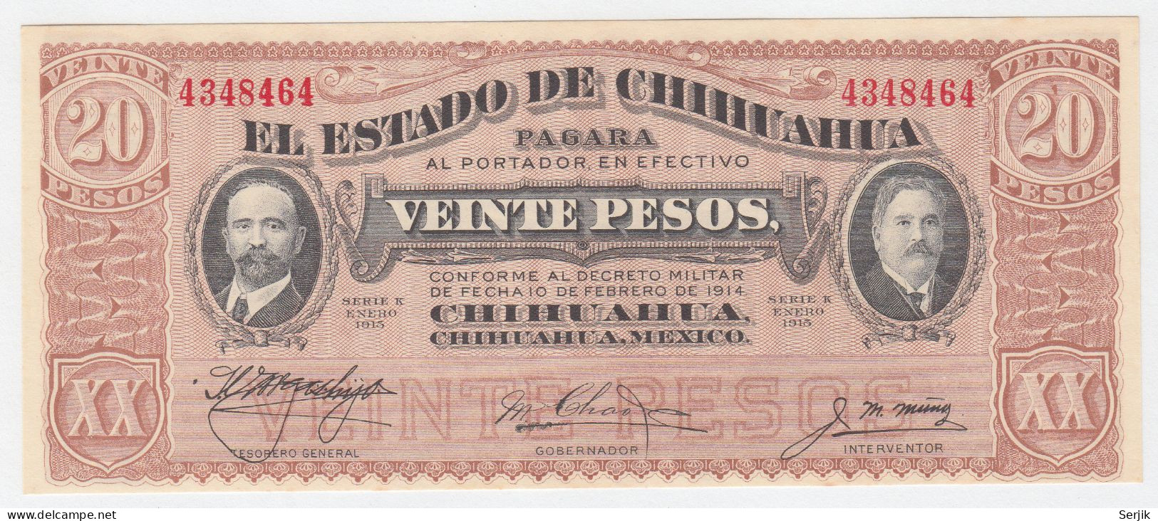 MEXICO 20 PESO 1915 (1914) UNC NEUF EL ESTADO DE CHIHUAHUA PAGARA - Mexique