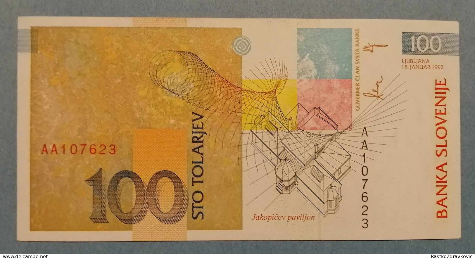 SLOVENIA+100 TOLARJEV-1992 AA SERIE+BANKNOTE+VINTAGE+UNC - Slovénie