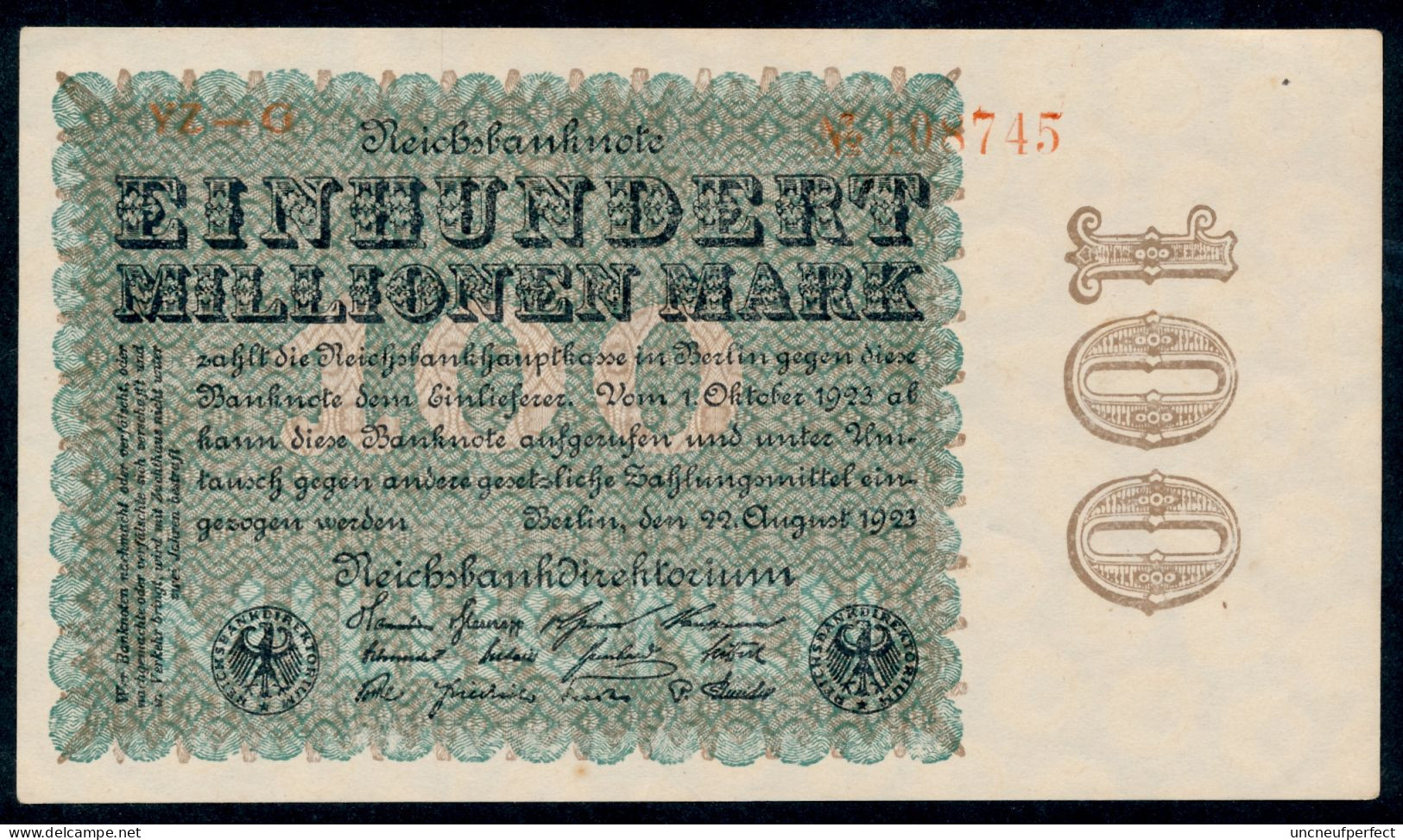 P107e Ro106t DEU-120j  100 Million Mark 1923  AUNC PrNEUF - 100 Millionen Mark