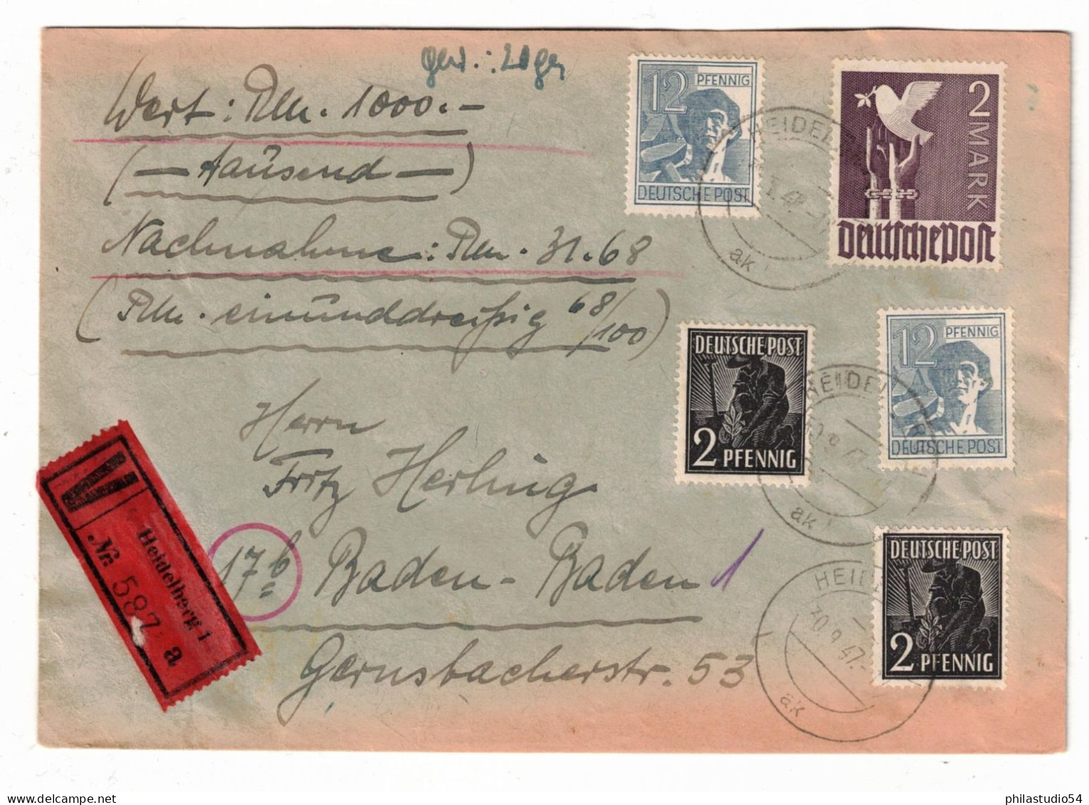 1947, Portogerechter Wertbrief über "10.000 Mark" Ab Heidelberg - Storia Postale