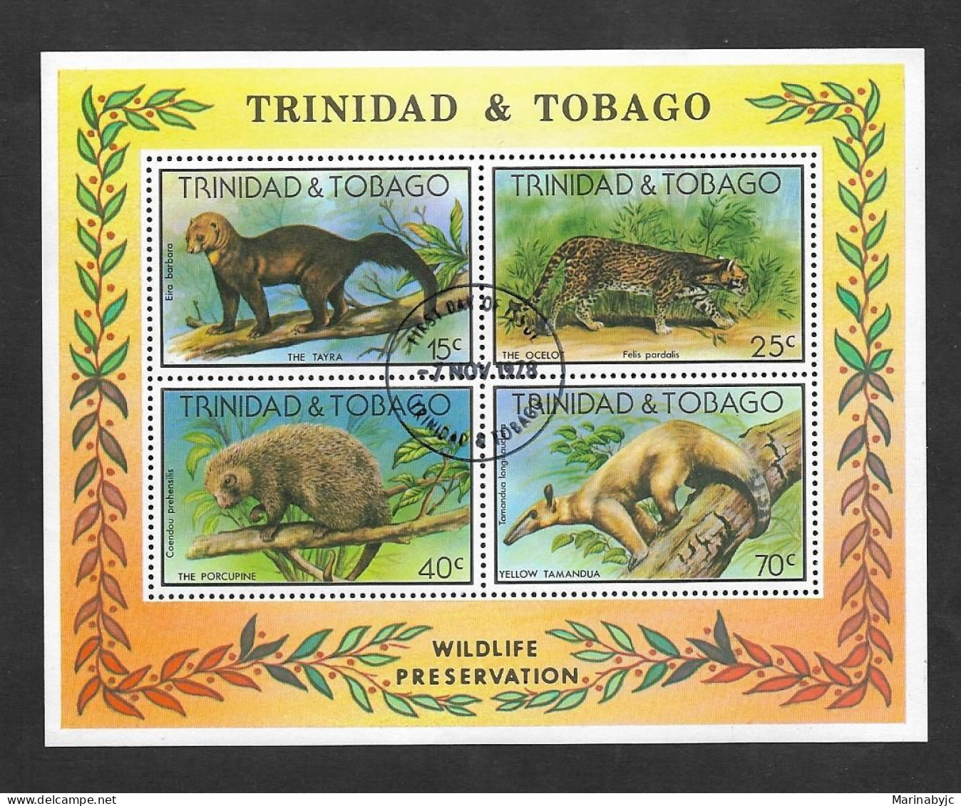 SE)1978 TRINIDAD & TOBAGO, NATURE PROTECTION, TAYRA, OCELOT, TREE PORCUPINE, YELLOW TAMANDUA, SS, CTO - Trinidad & Tobago (1962-...)