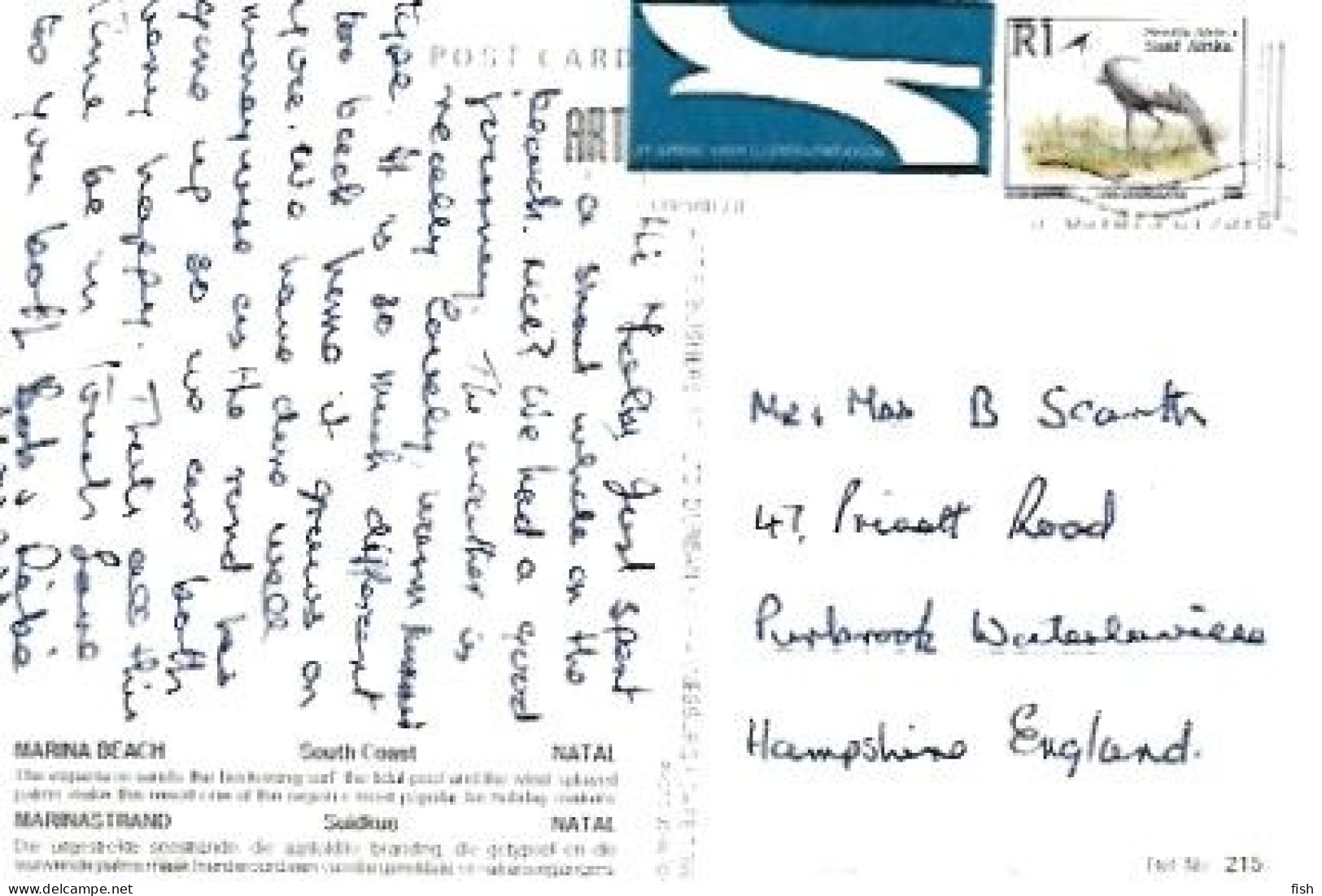 South Africa  & Marcofilia, Marina Beach, South Coast,  Natal, Hampshire England 1993 (215) - Storia Postale