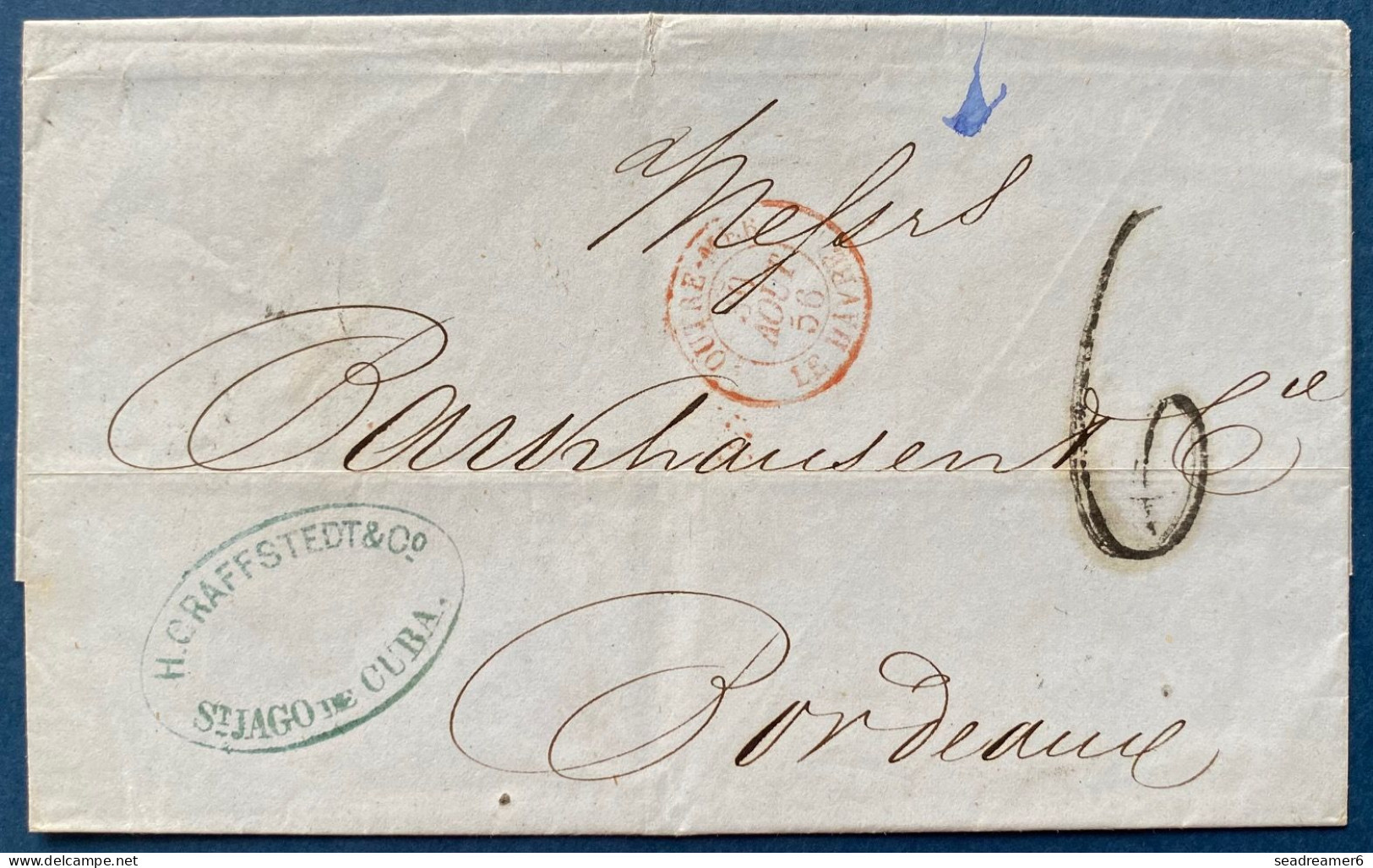 Lettre 1856 De Santiago De CUBA Pour BORDEAUX + Entrée Rouge " OUTRE-MER / LE HAVRE " + Taxe 6 TTB - Marques D'entrées