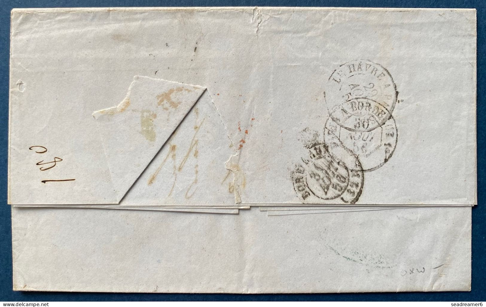 Lettre 1856 De Santiago De CUBA Pour BORDEAUX + Entrée Rouge " OUTRE-MER / LE HAVRE " + Taxe 6 TTB - Marques D'entrées