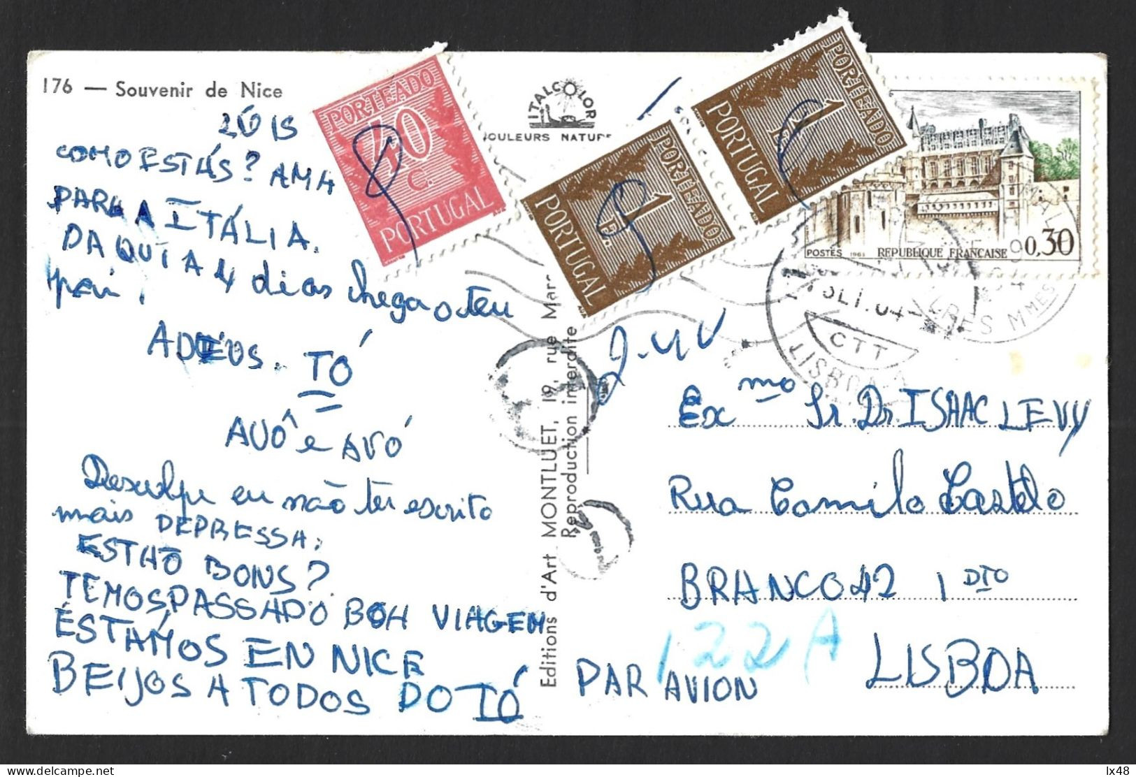 Postal De França Multado Em Lisboa 1964. Stamps De Porteado De 1$00 E $40. Postcard From France Fined In Lisbon 1964. P - Brieven En Documenten