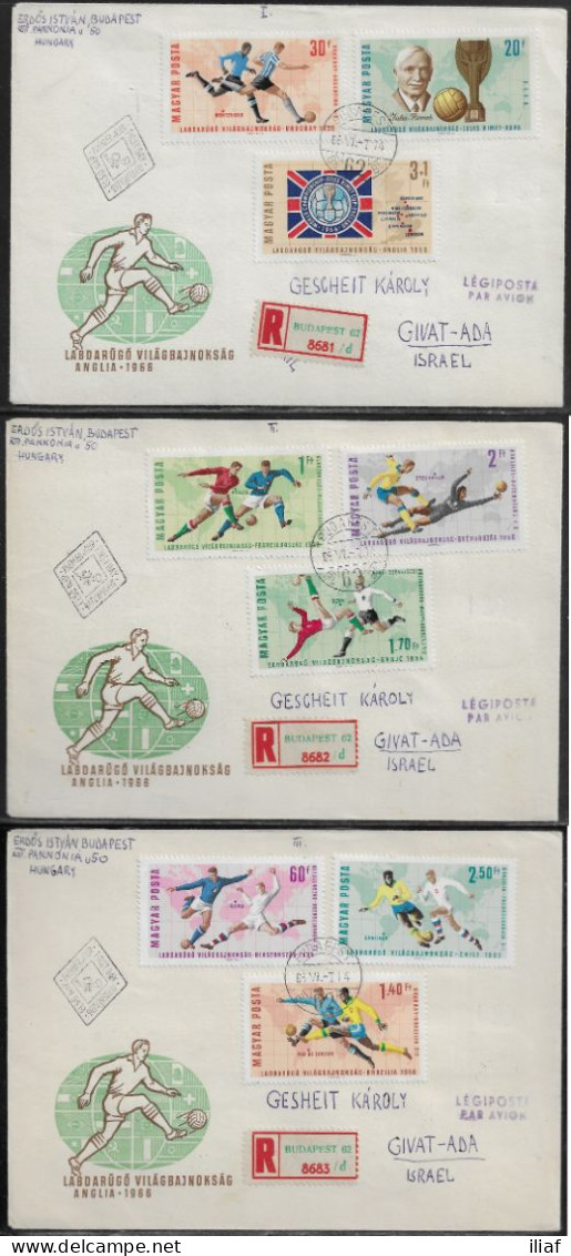 Hungary FDC Sc. 1772-1779, B258. 3 Envelopes.  The 1966 FIFA World Cup.   FDC Cancellations On Special Envelopes - FDC