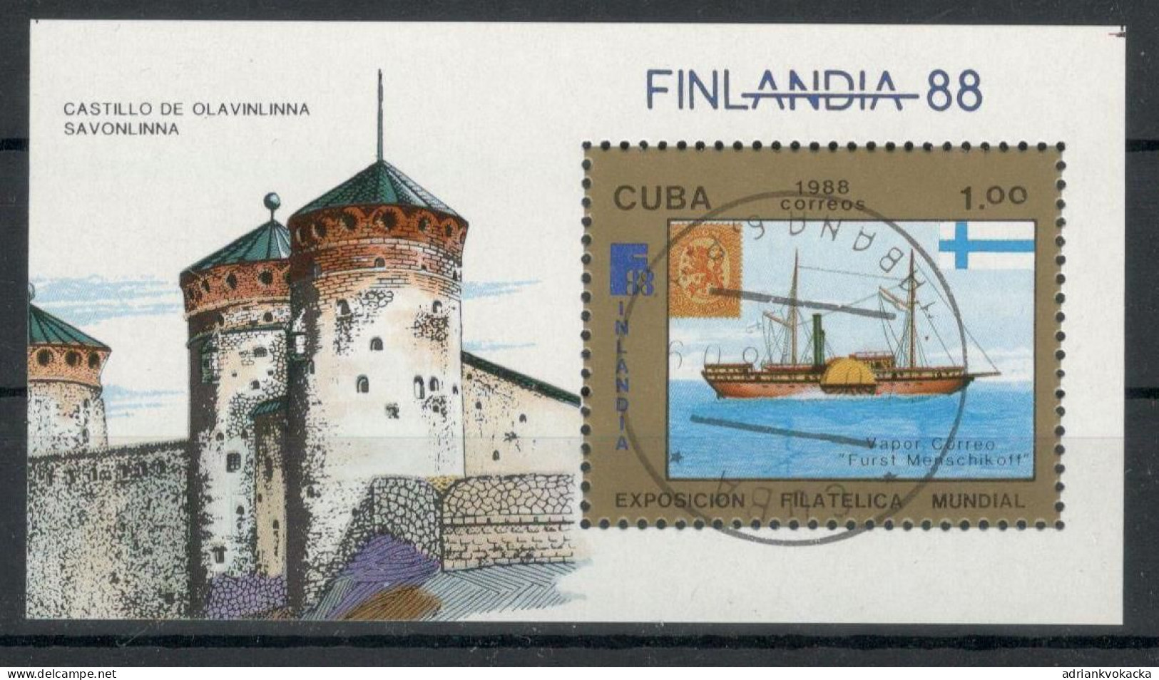Cuba - FILATELIA (International Stamp Exhibition "FINLAND '88" - Helsinki, Finland), Stamped Block Mi:CU BL105 (1988) - Blocs-feuillets