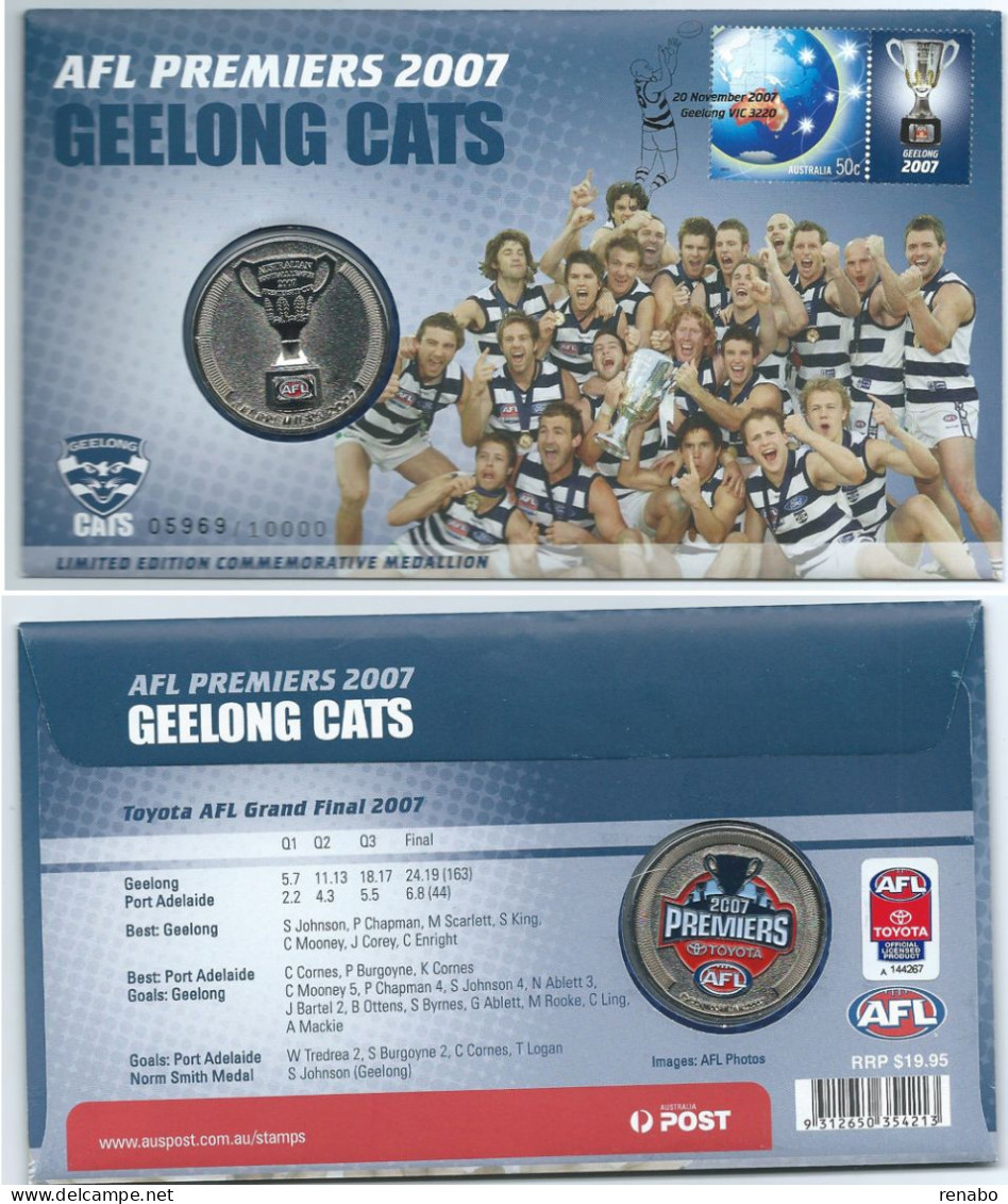 Australia 2007; AFL Football: Geelong Cats, FDC, With Commemorative Medallion. N° 05969/10000. - Autres & Non Classés